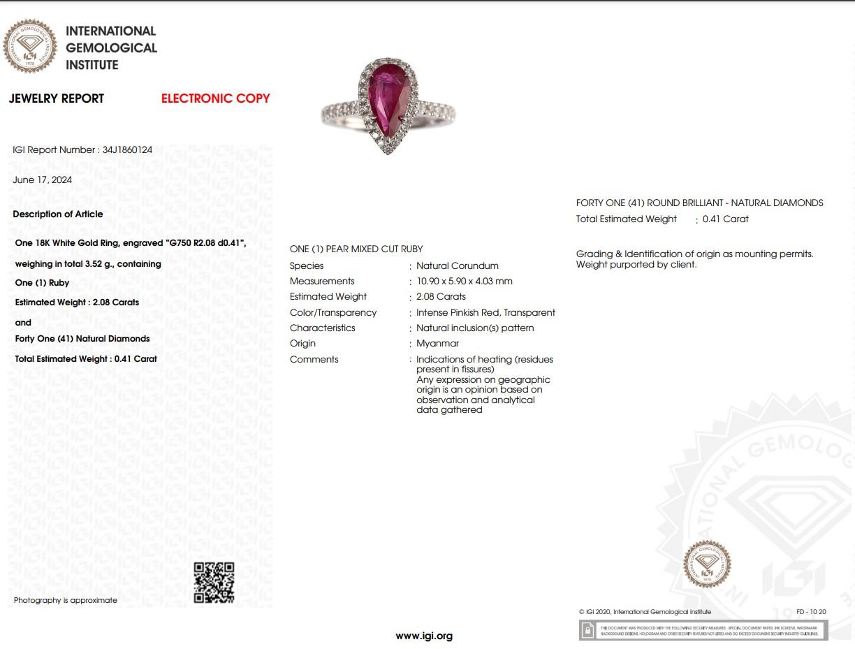 Anillo de oro blanco de 18 quilates con rubí de Birmania y diamantes de 2,08 quilates con certificado IGI en venta 7