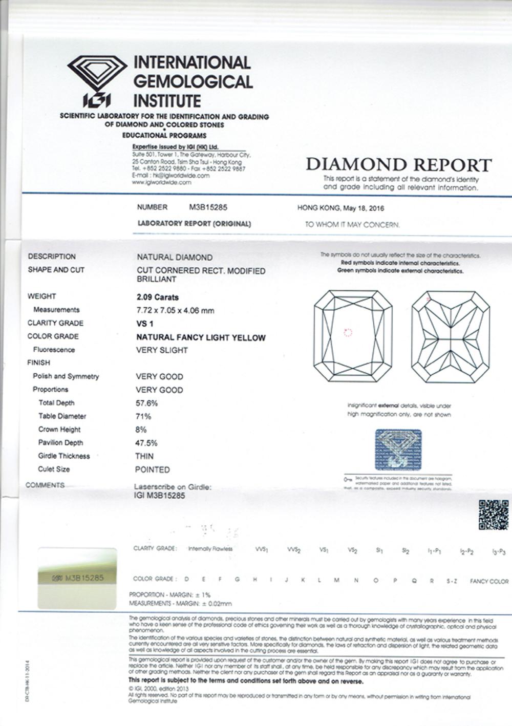 Women's IGI Certified 3.65 Total Carat Fancy Light Yellow Diamond in 18K White Gold For Sale