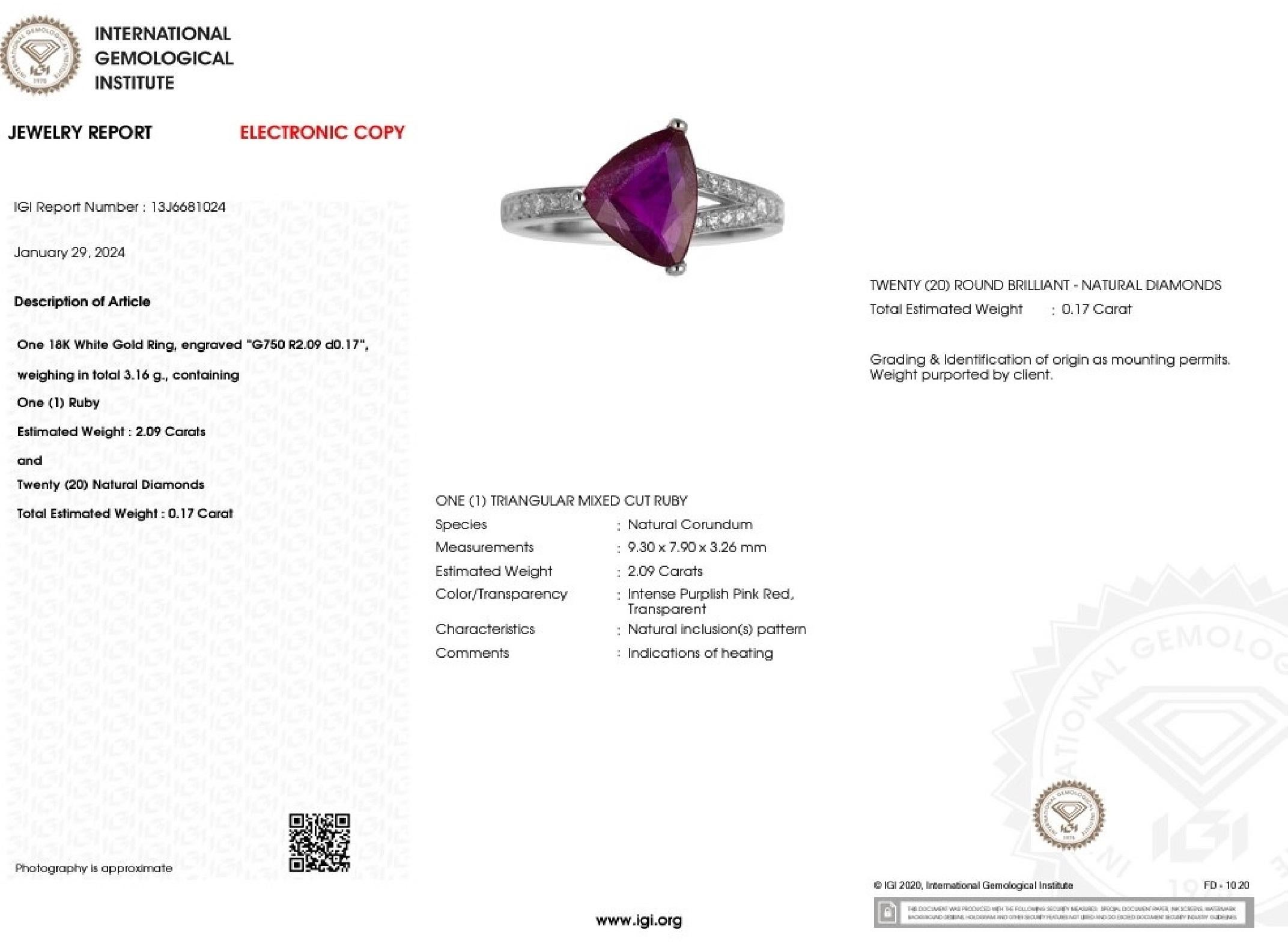 IGI Certified 2.09 Carat Ruby & Diamond Ring in 18K White Gold For Sale 2