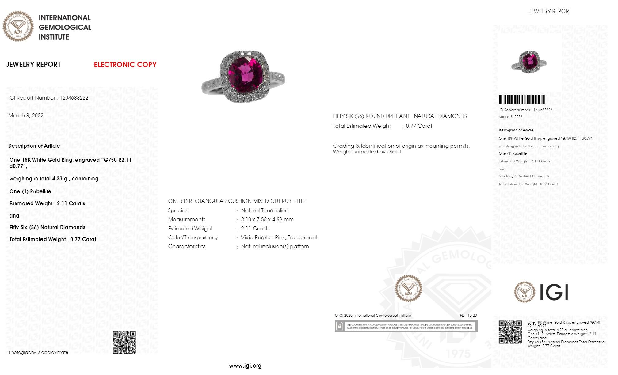 IGI Certified 2.11 Carat Tourmaline & Diamond Ring in 18K White Gold For Sale 2