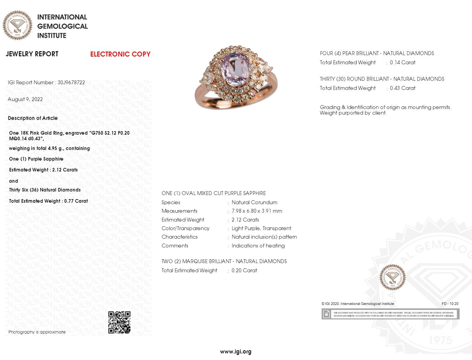IGI-zertifizierter Ring aus 18 Karat Roségold mit 2,12 Karat rosa Saphir und Diamant im Angebot 1