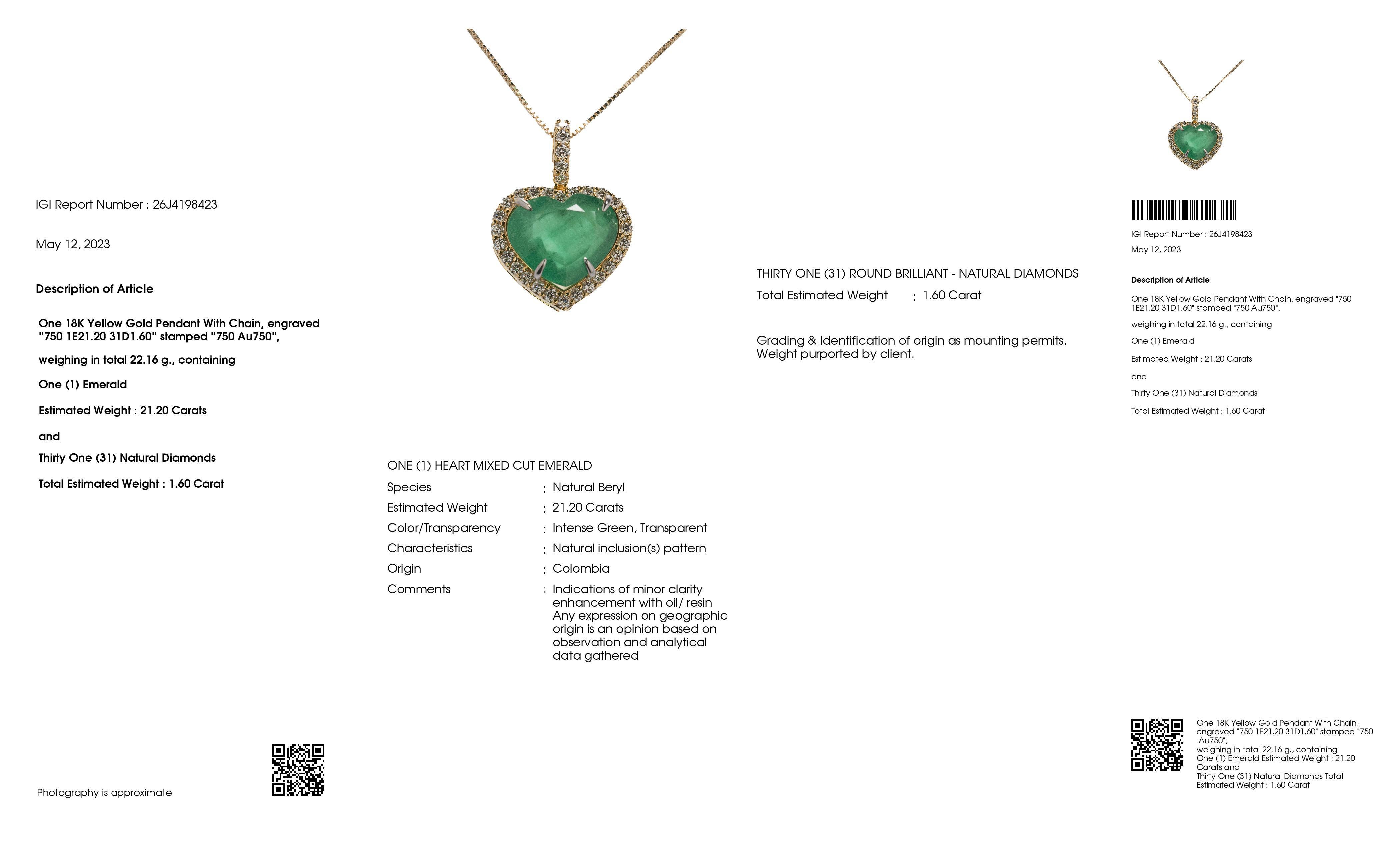 IGI-zertifizierte 21,20 Karat kolumbianischer Smaragd 1,60 Karat Diamanten 18K Gelbgold Halskette im Angebot 1