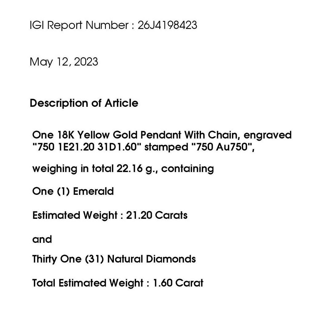 IGI Certified 21.20ct Colombia Emerald 1.60ct Diamonds 18K Yellow Gold Necklace For Sale 3
