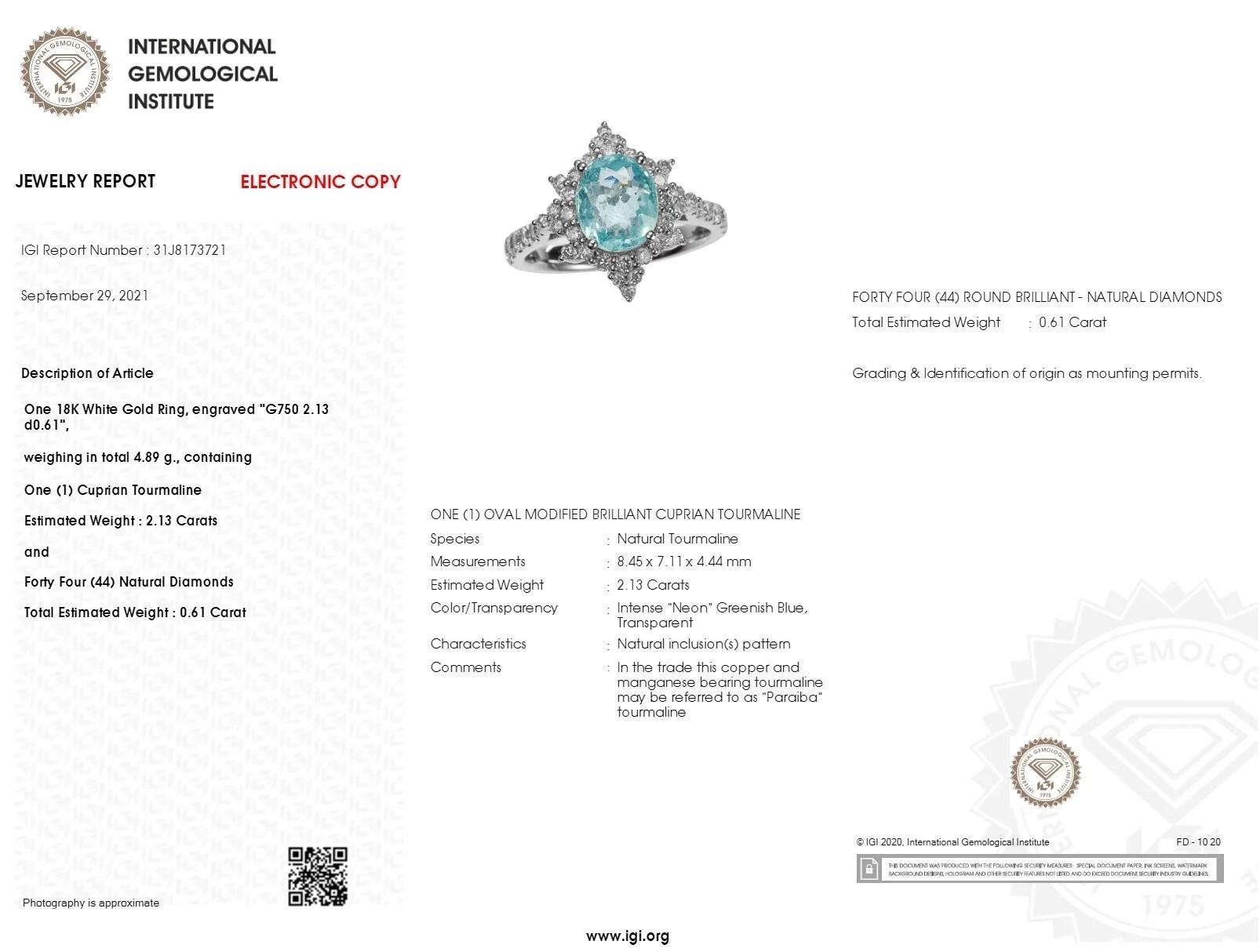 IGI Certified 2.13 Carat Paraiba & Diamond Ring in 18K White Gold For Sale 5