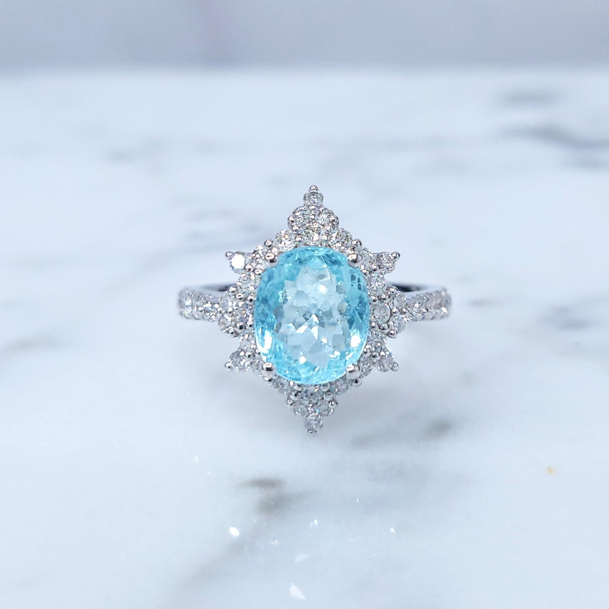 Oval Cut IGI Certified 2.13 Carat Paraiba & Diamond Ring in 18K White Gold For Sale