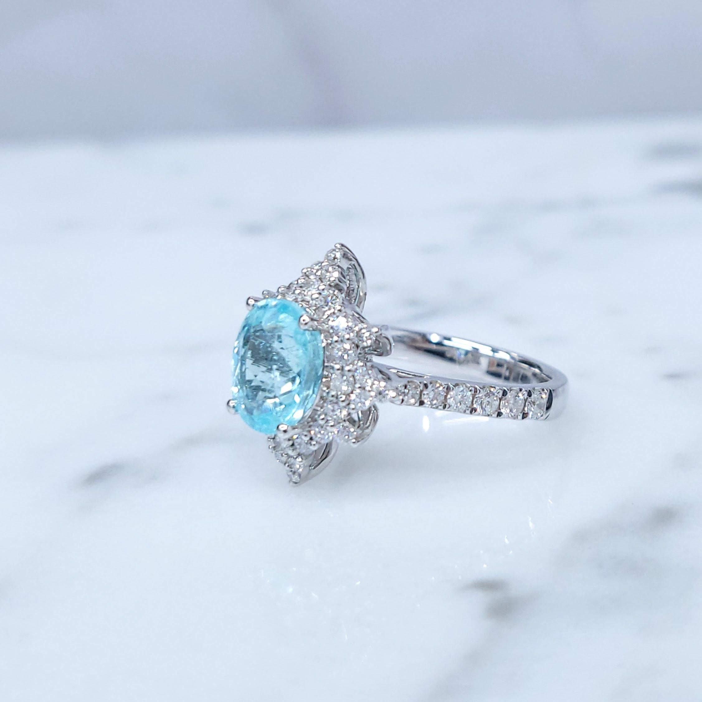 Women's IGI Certified 2.13 Carat Paraiba & Diamond Ring in 18K White Gold For Sale