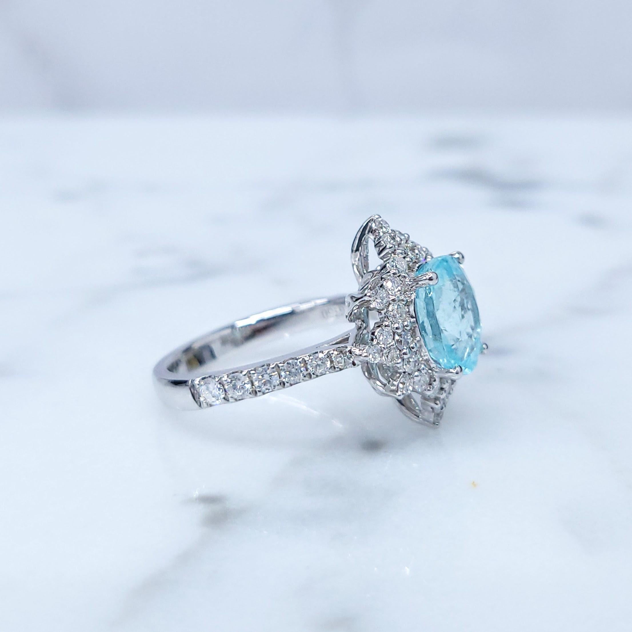 IGI Certified 2.13 Carat Paraiba & Diamond Ring in 18K White Gold For Sale 2