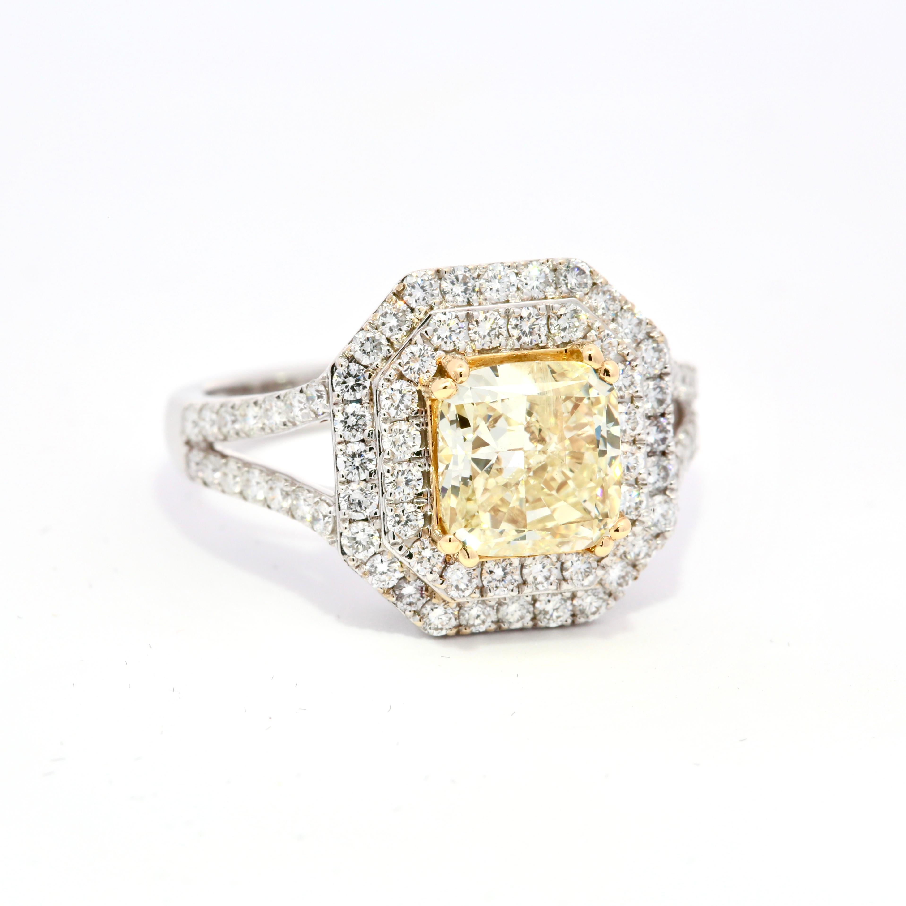 Cushion Cut IGI Certified - 2.13 Carats Fancy Yellow Diamond Ring For Sale