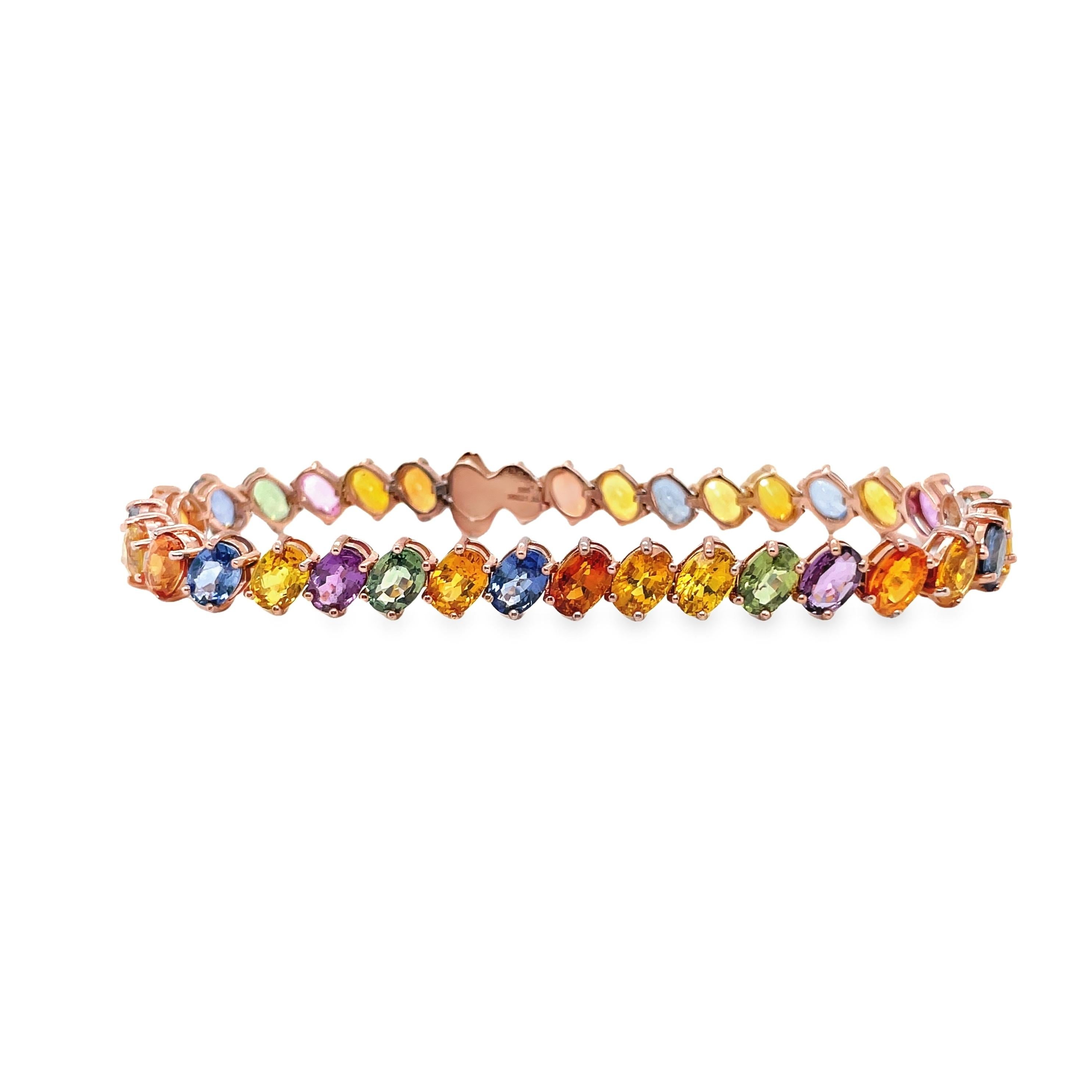 Oval Cut IGI Certified 21.35ct Natural Multi-Color Sapphires 14K Pink Gold Bracelet  For Sale