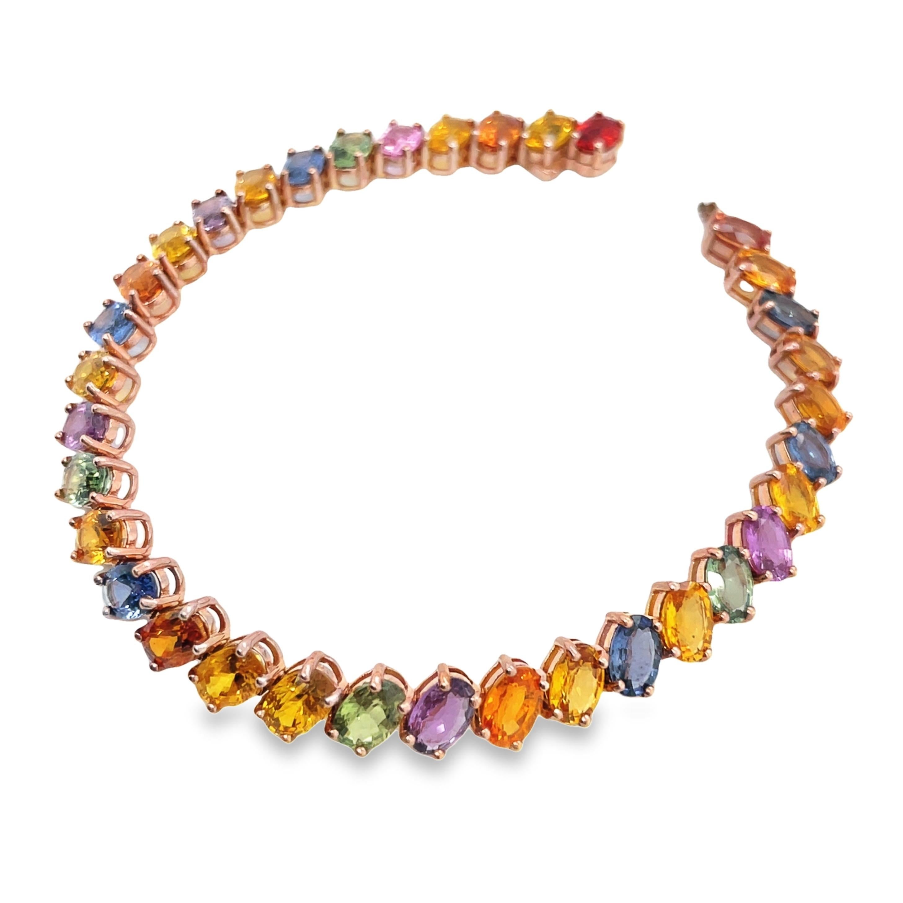 IGI Certified 21.35ct Natural Multi-Color Sapphires 14K Pink Gold Bracelet  In New Condition For Sale In Hong Kong, HK