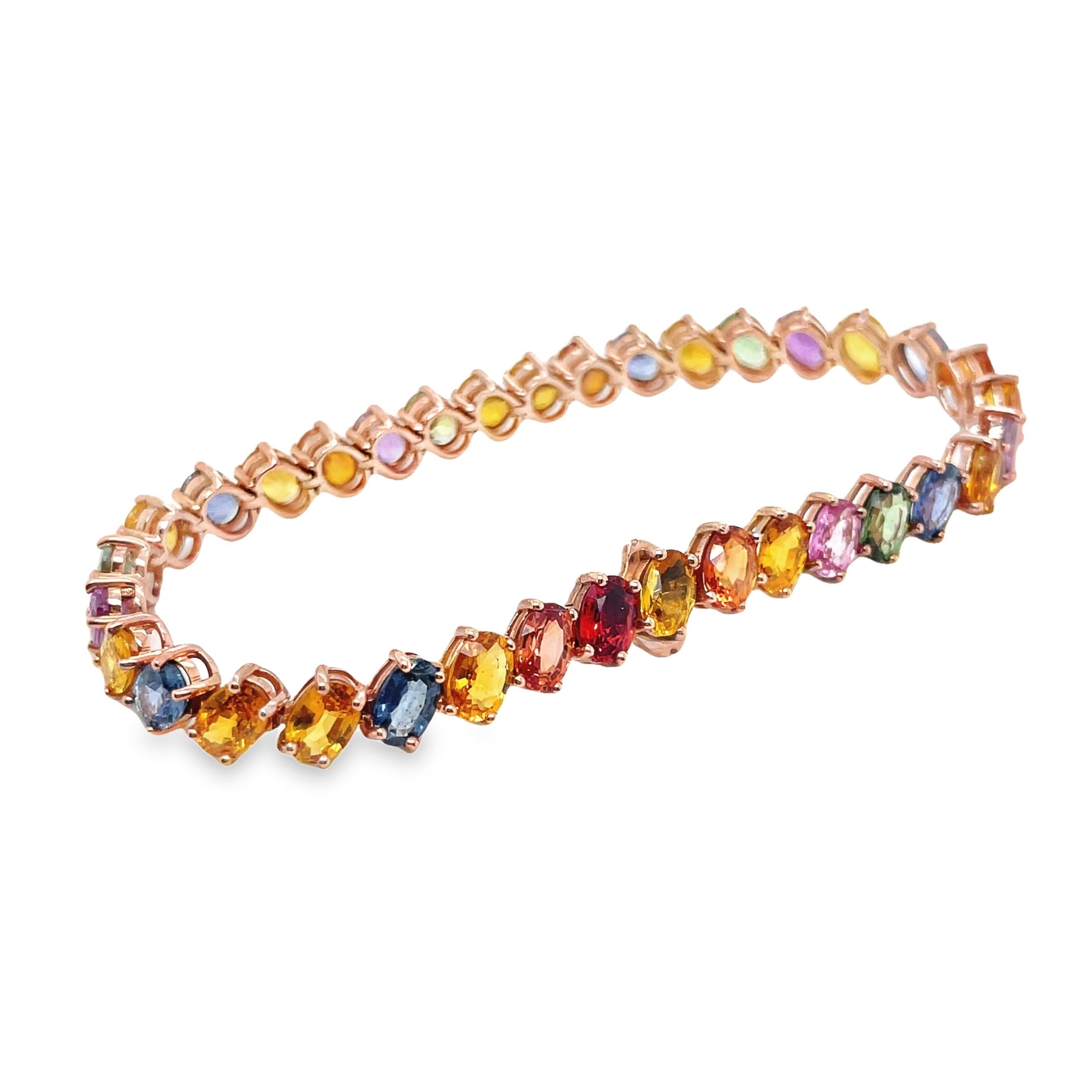 Women's IGI Certified 21.35ct Natural Multi-Color Sapphires 14K Pink Gold Bracelet  For Sale