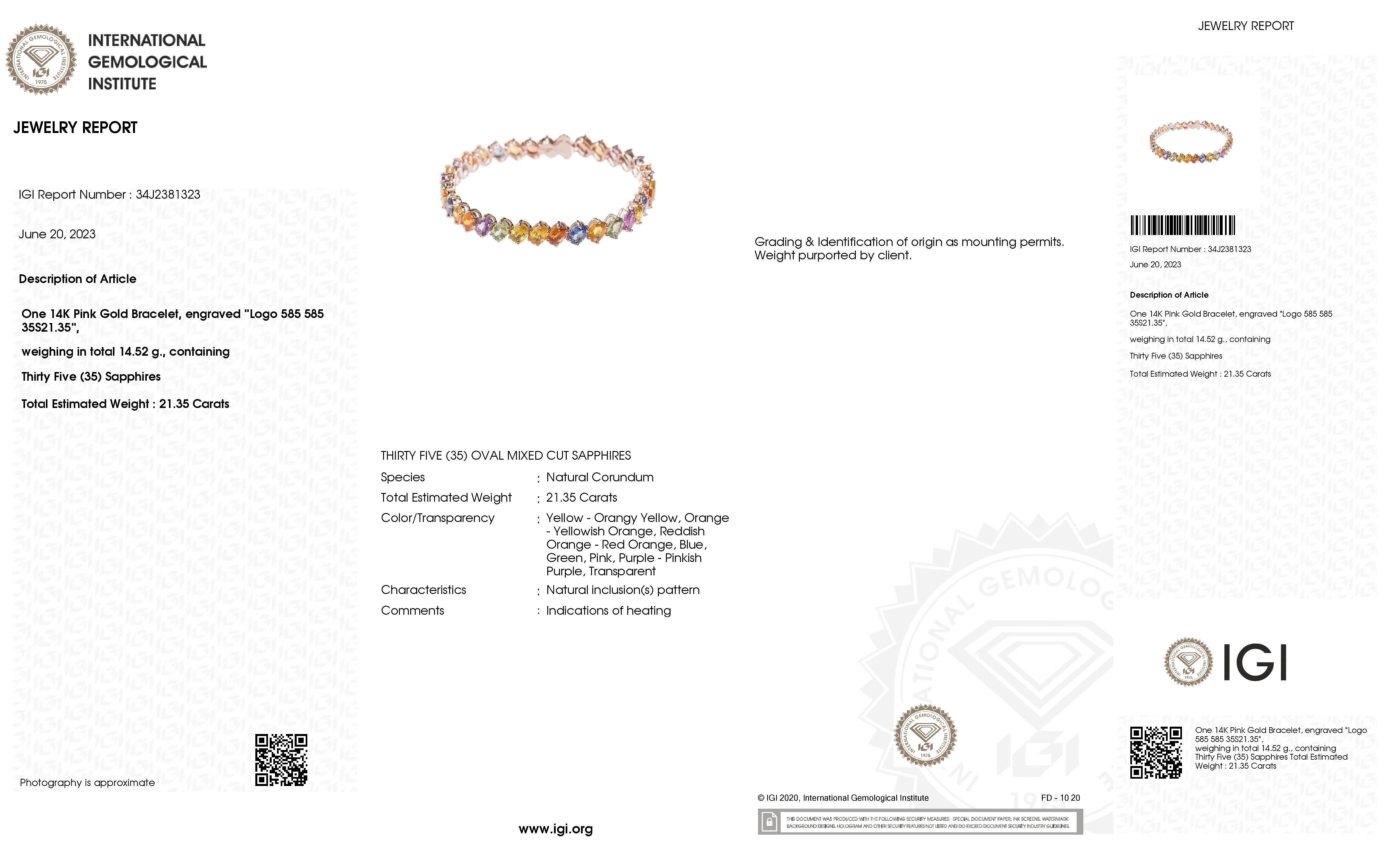IGI Certified 21.35ct Natural Multi-Color Sapphires 14K Pink Gold Bracelet 2