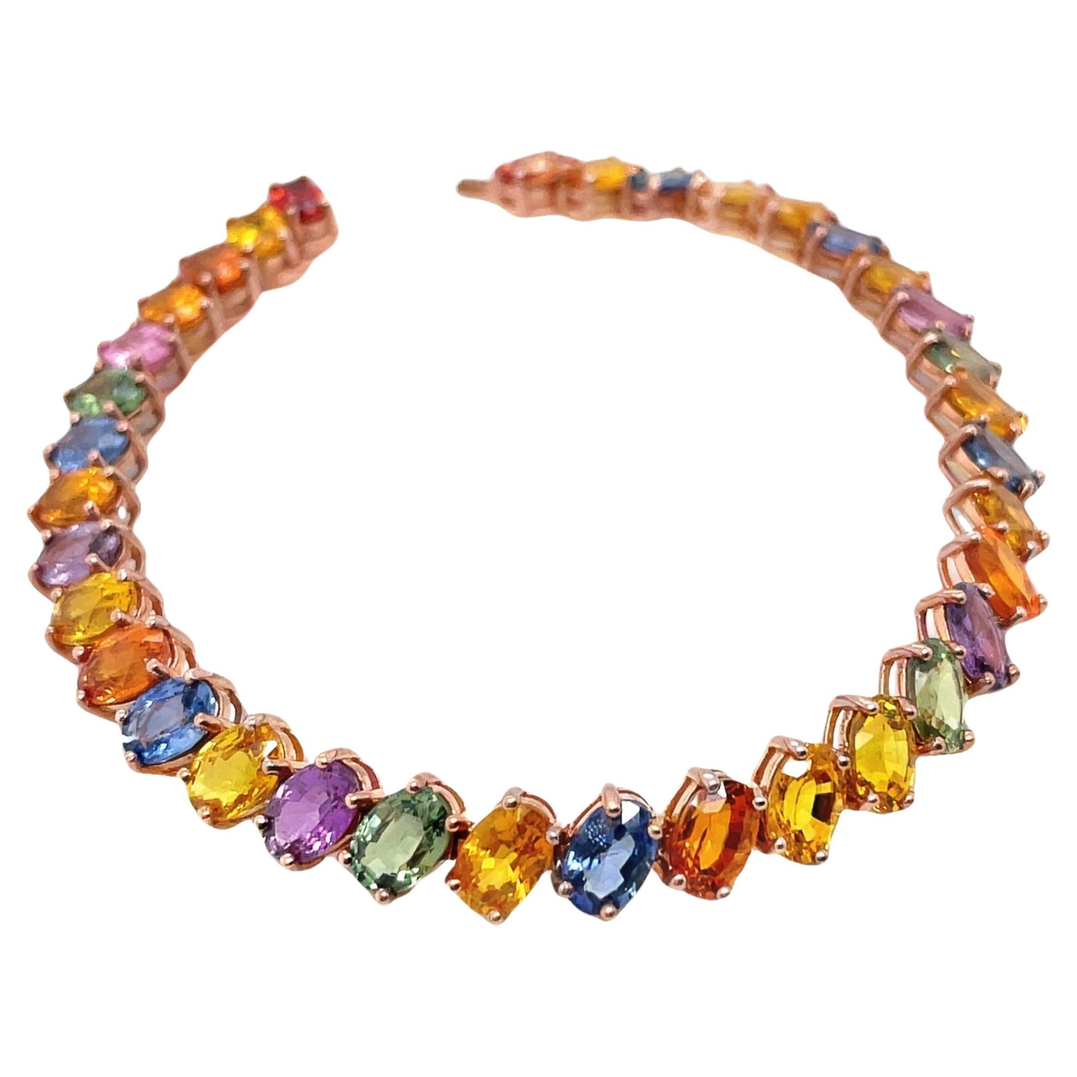 Bracelet en or rose 14 carats avec saphirs naturels multicolores certifiés IGI, 21,35 carats 