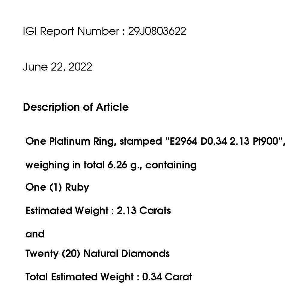 IGI Certified 2.13ct Untreated Mozambique Ruby 0.34ct Diamonds Platinum Ring 4
