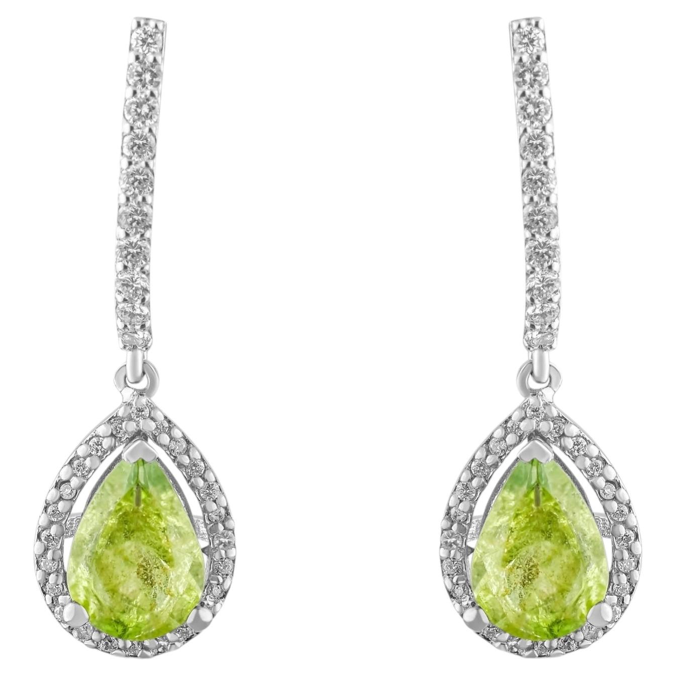 IGI Certified 2.14 Carat Natural Peridot and Diamond Drop Earrings in 14K Gold For Sale