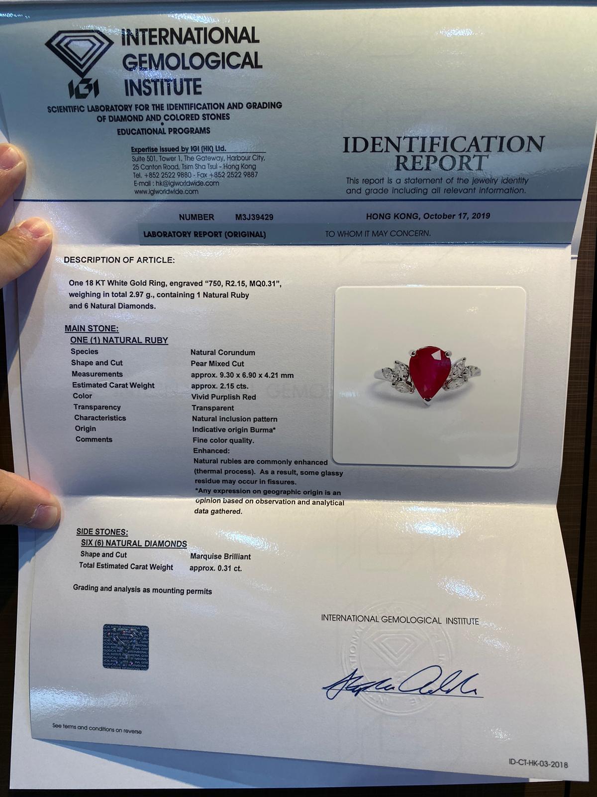IGI Certified 2.15 Carat Burma Ruby & Diamond Ring in 18K White Gold For Sale 1