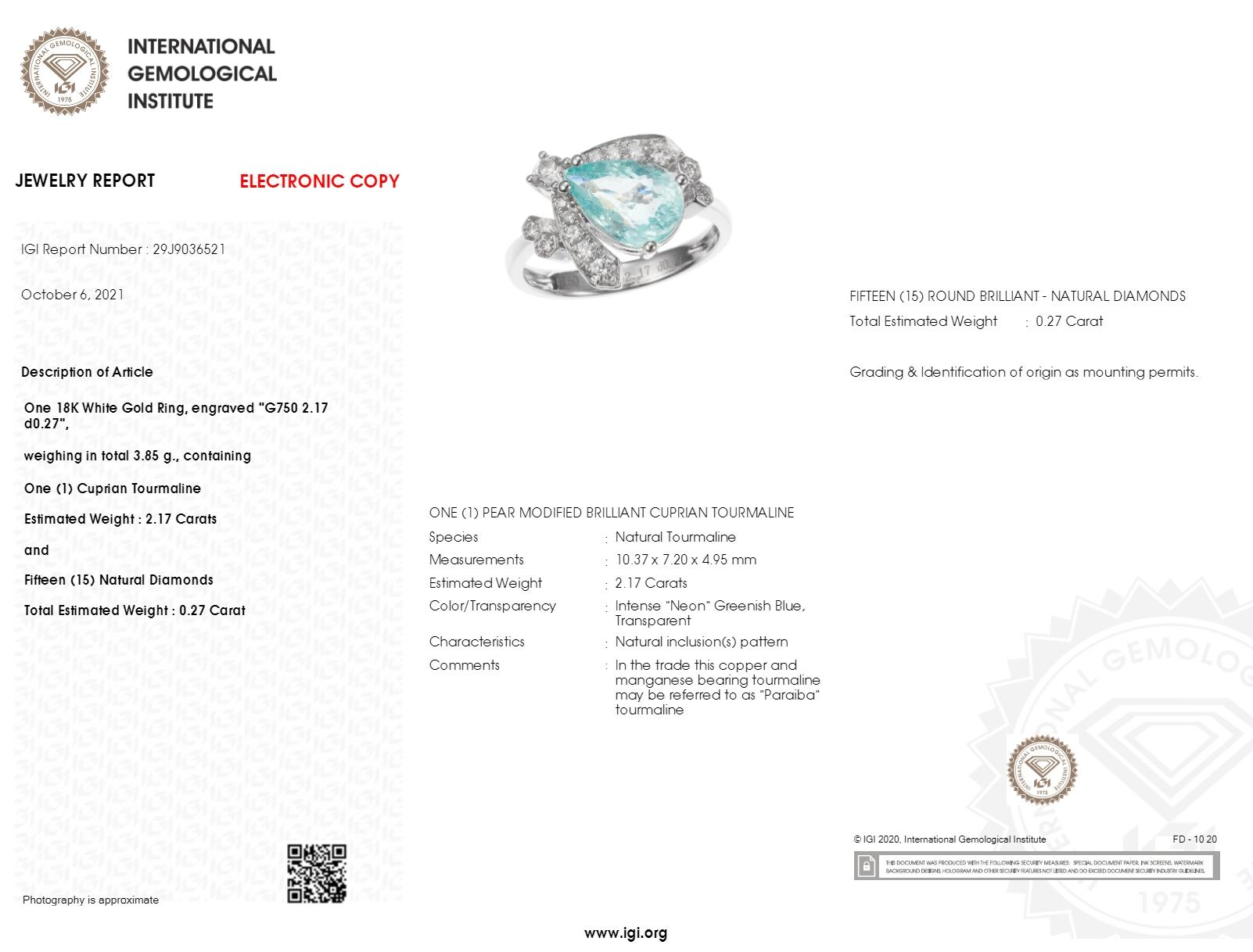 Moderno Anello con Paraiba e Diamante da 2,17 carati certificato IGI in oro bianco 18K in vendita