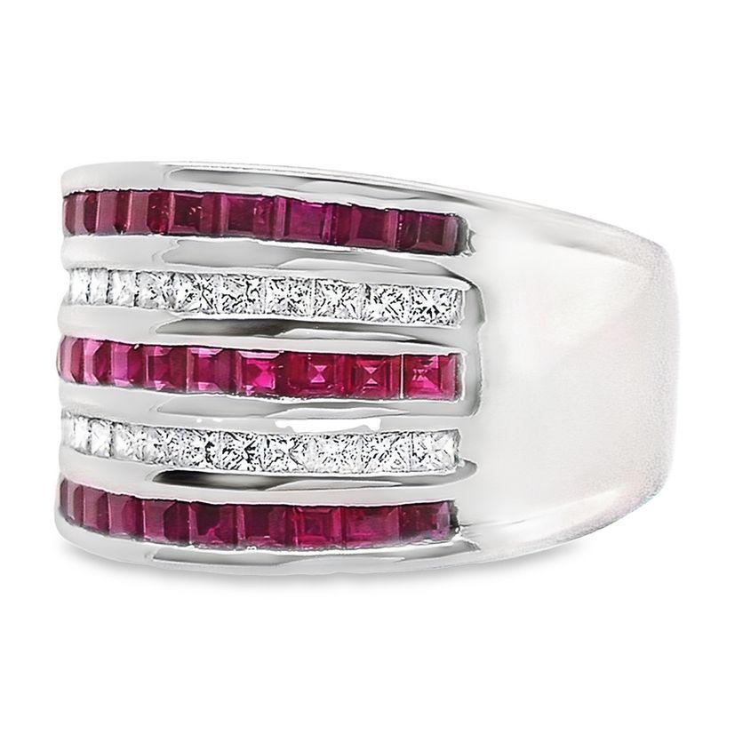 Baguette Cut IGI Certified 2.17ct Burma Rubies and 0.59ct Diamonds 18k White Gold Ring For Sale