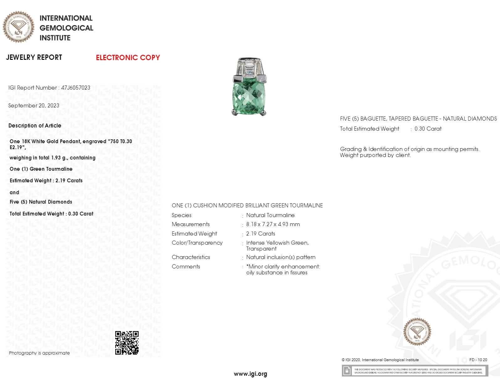 Introducing a unique and striking 18K White Gold Pendant, authenticated by the International Gemological Institute. This piece, weighing 1.93 grams in total, offers a modern yet sophisticated design, spotlighting a vibrant green tourmaline. The