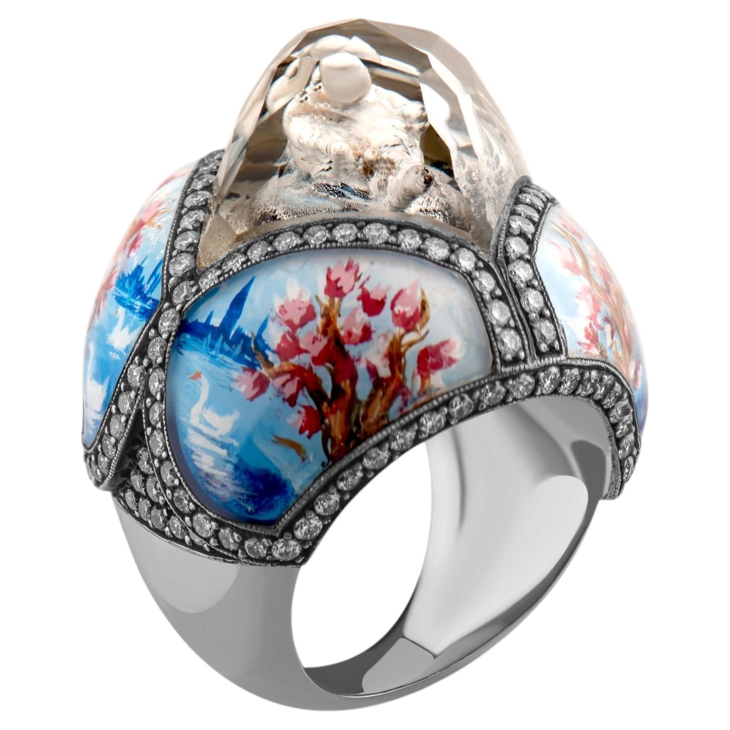 IGI Certified 2.20 Carat Natural Diamond Swan and Floral Motif Statement Ring