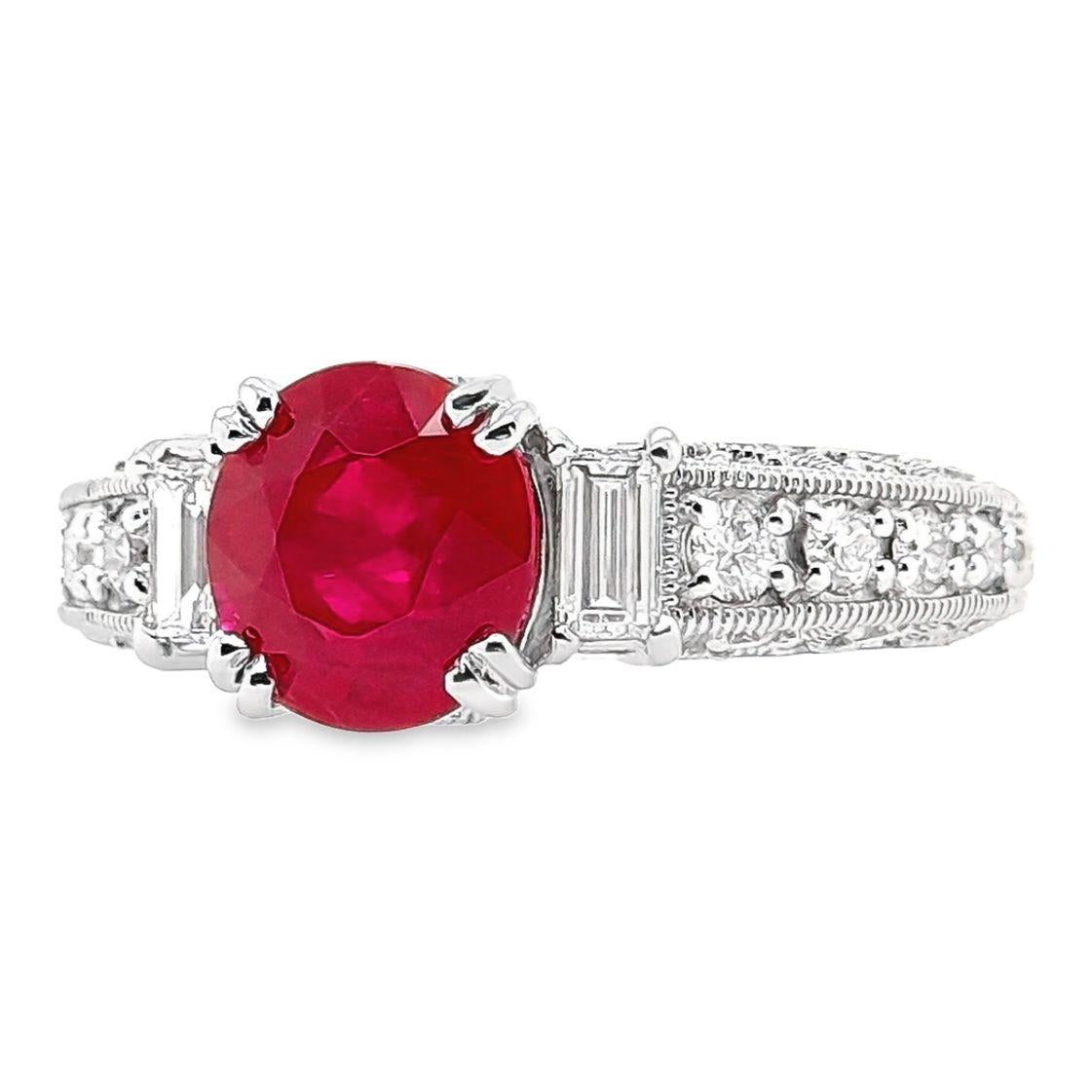 Oval Cut IGI Certified 2.20ct Burma Vivid Ruby and 0.74ct Diamonds Platinum Ring For Sale