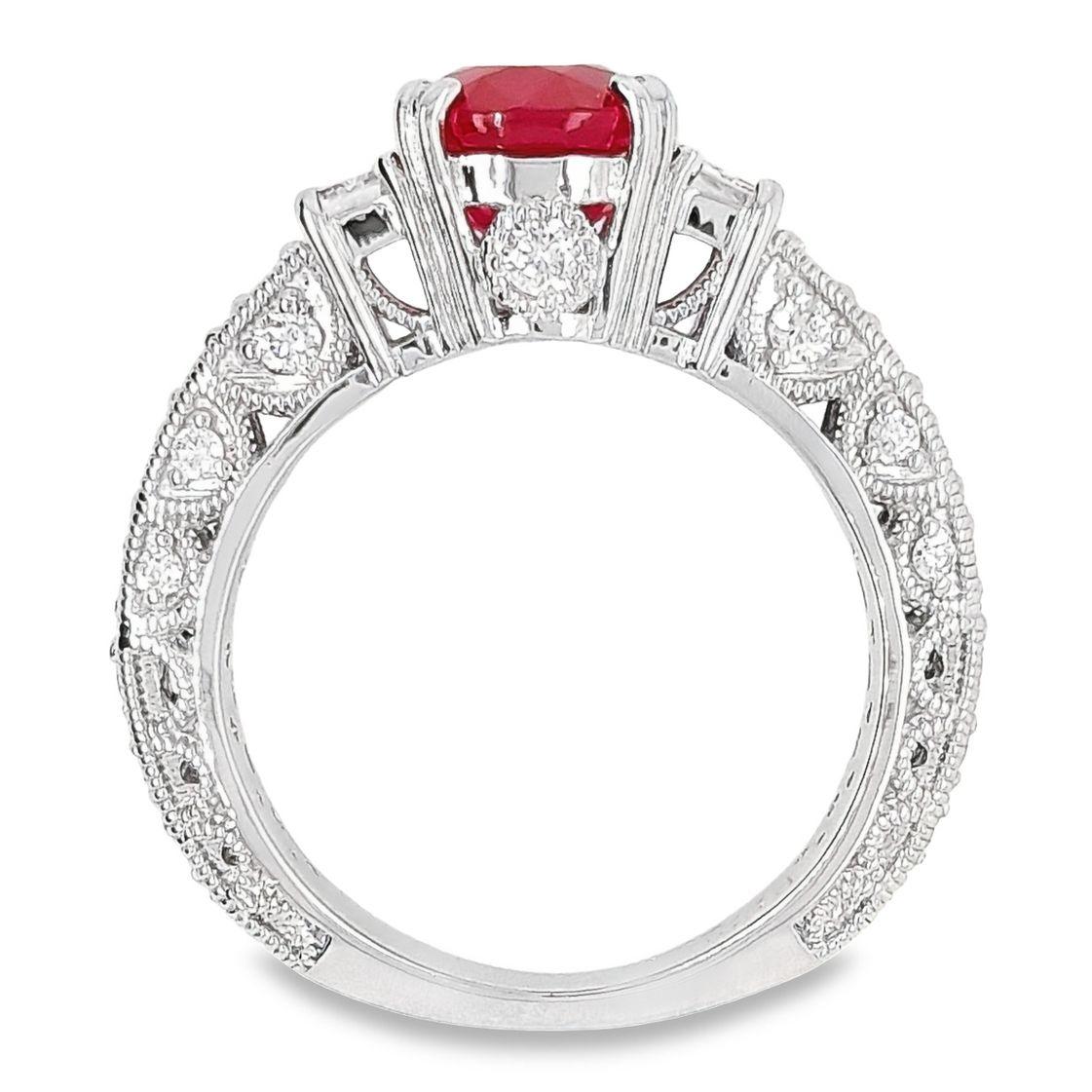 IGI Certified 2.20ct Burma Vivid Ruby and 0.74ct Diamonds Platinum Ring In New Condition For Sale In Hong Kong, HK