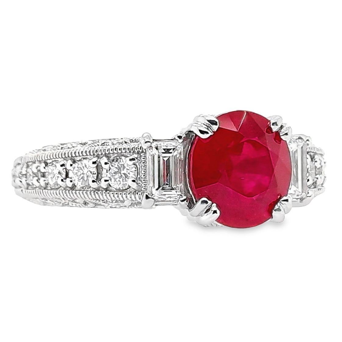 Women's or Men's IGI Certified 2.20ct Burma Vivid Ruby and 0.74ct Diamonds Platinum Ring For Sale