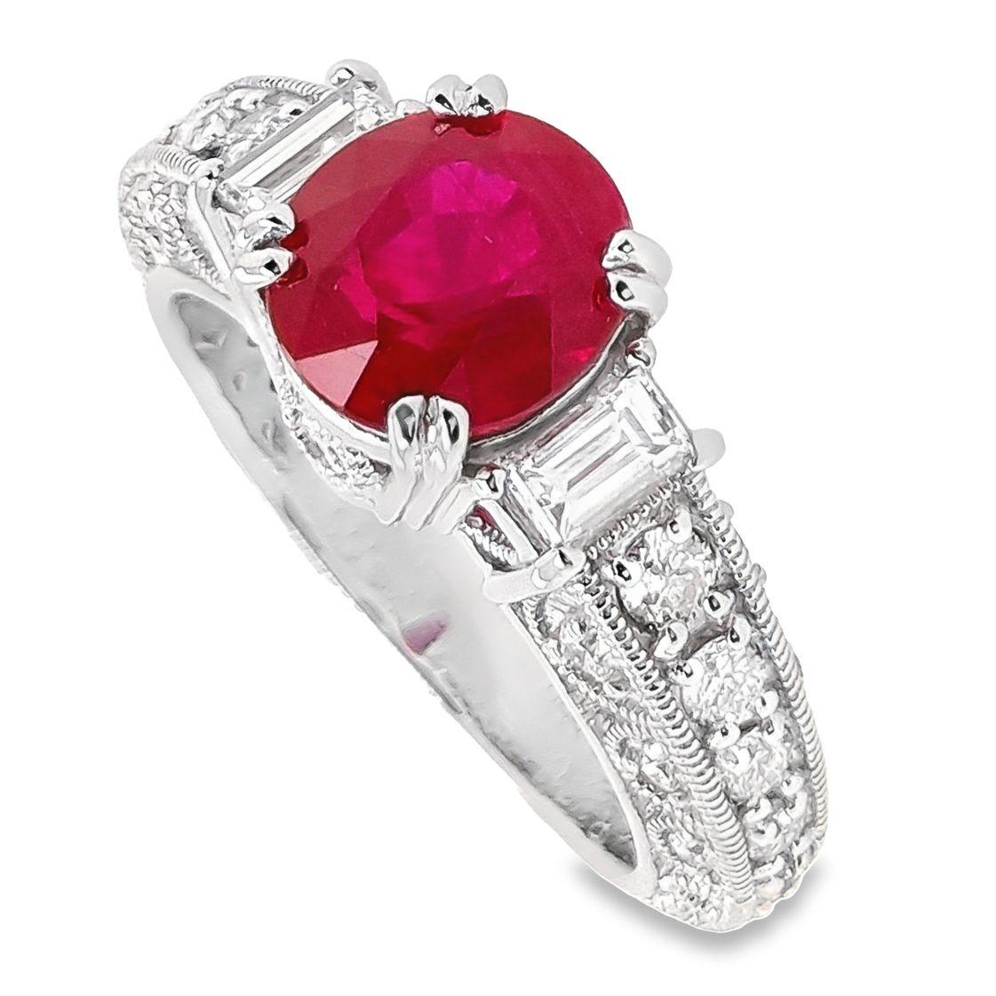IGI Certified 2.20ct Burma Vivid Ruby and 0.74ct Diamonds Platinum Ring For Sale 1
