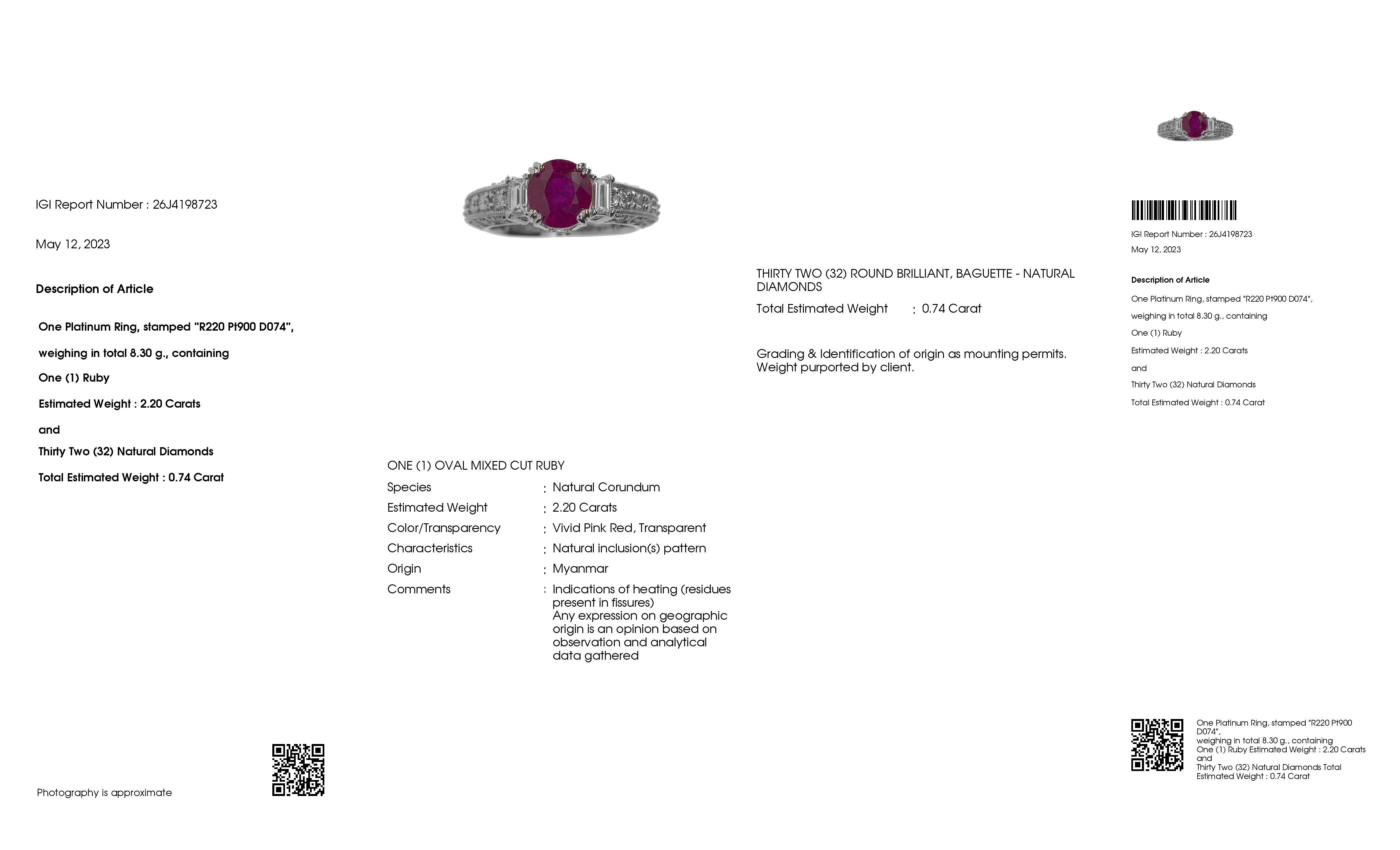 IGI Certified 2.20ct Burma Vivid Ruby and 0.74ct Diamonds Platinum Ring For Sale 3