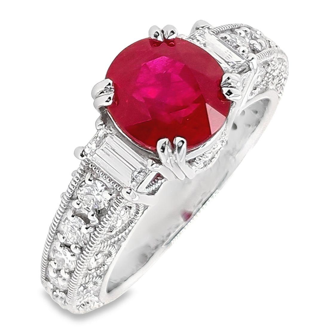 IGI Certified 2.20ct Burma Vivid Ruby and 0.74ct Diamonds Platinum Ring For Sale 4
