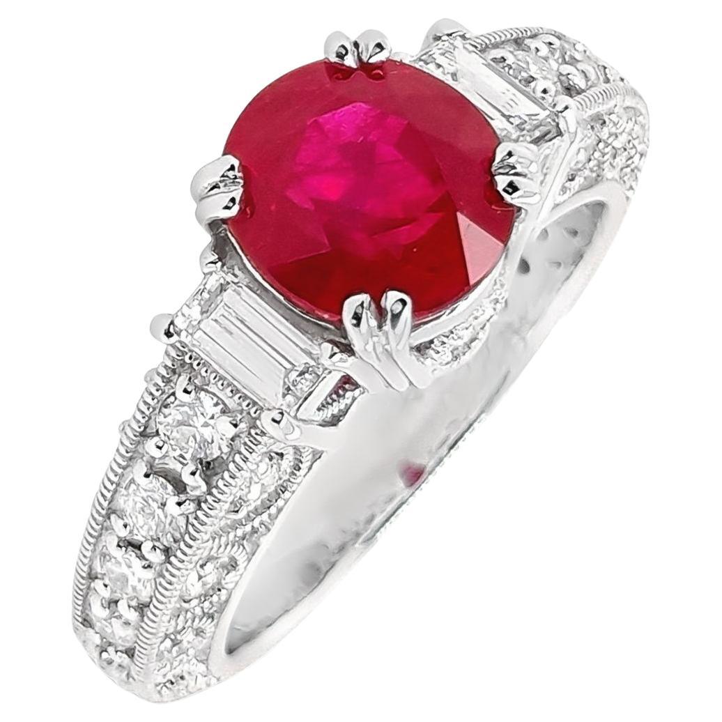IGI Certified 2.20ct Burma Vivid Ruby and 0.74ct Diamonds Platinum Ring For Sale
