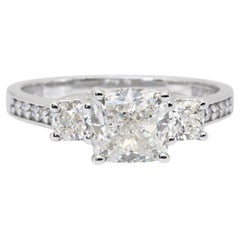 Bague 3 pierres en or blanc 18 carats, certifiée IGI, 2,20 ct de diamants
