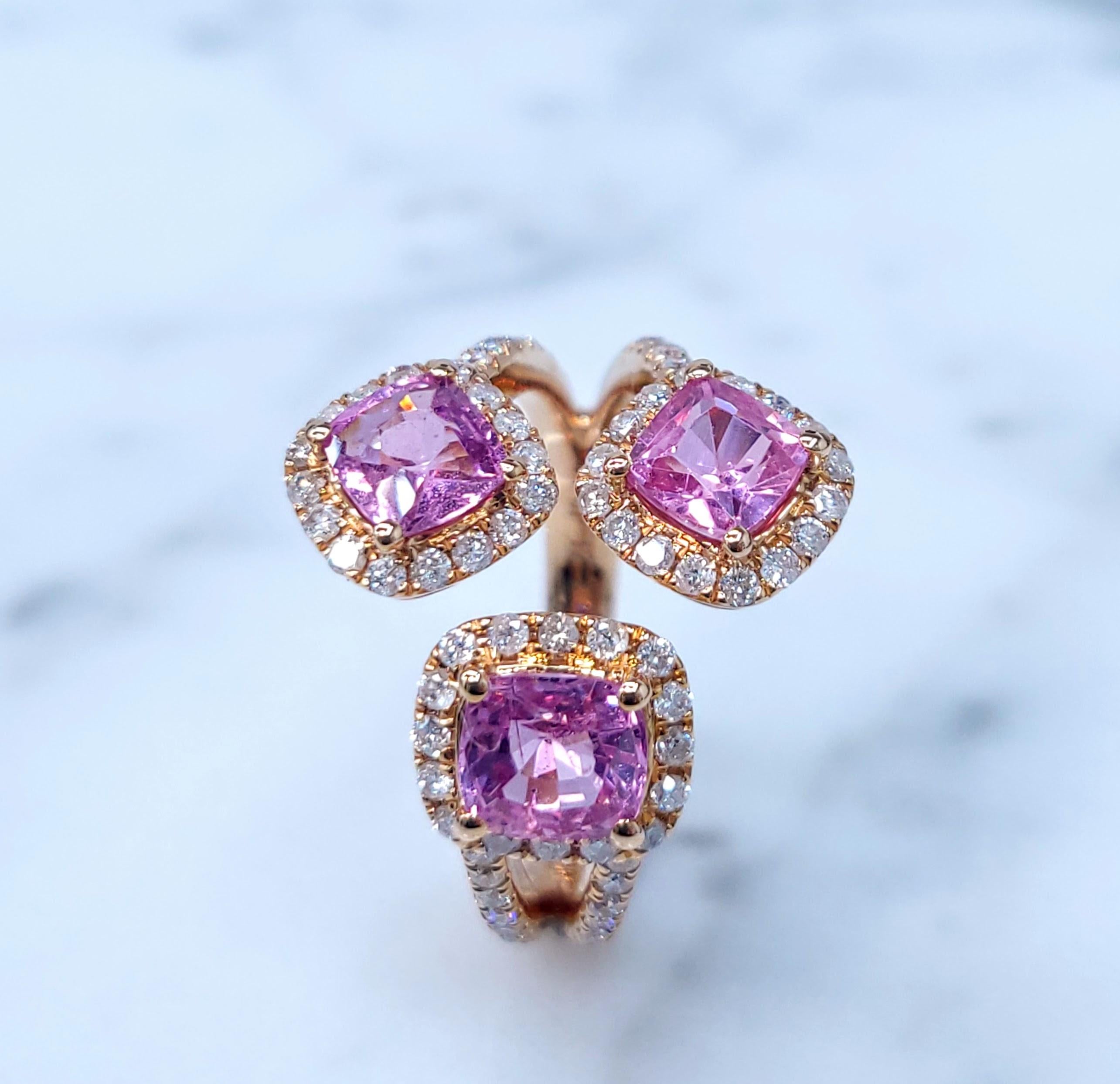 IGI Certified 2.21 Carat Pink Sapphire & Diamond Ring in 18K Rose Gold For Sale 4