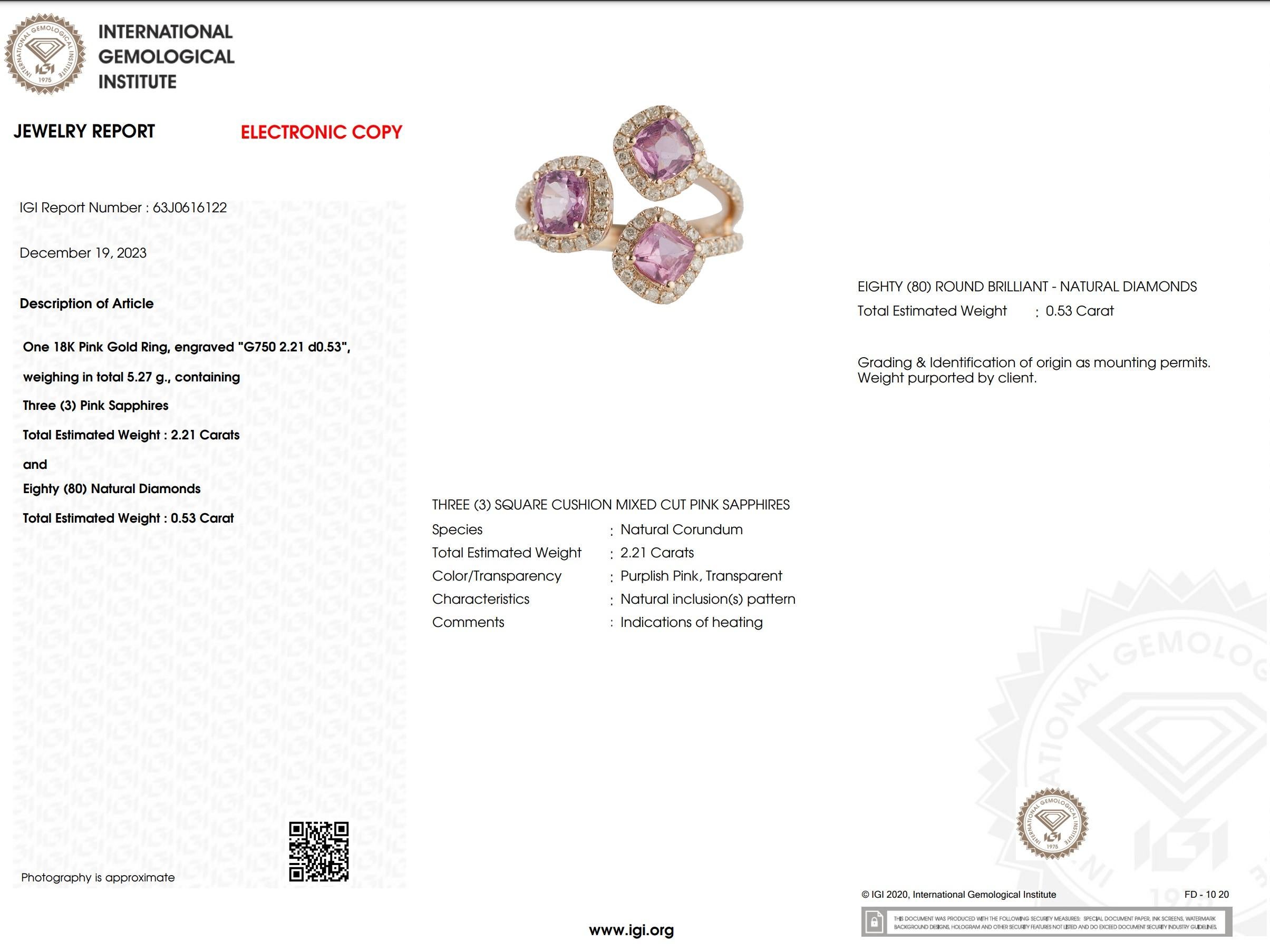 IGI Certified 2.21 Carat Pink Sapphire & Diamond Ring in 18K Rose Gold For Sale 6