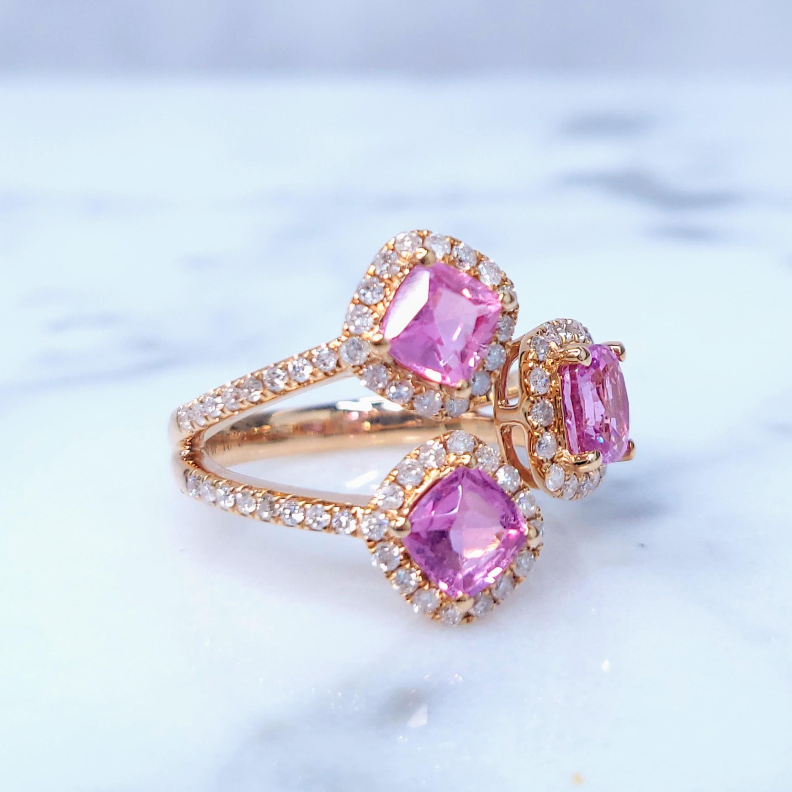 Cushion Cut IGI Certified 2.21 Carat Pink Sapphire & Diamond Ring in 18K Rose Gold For Sale