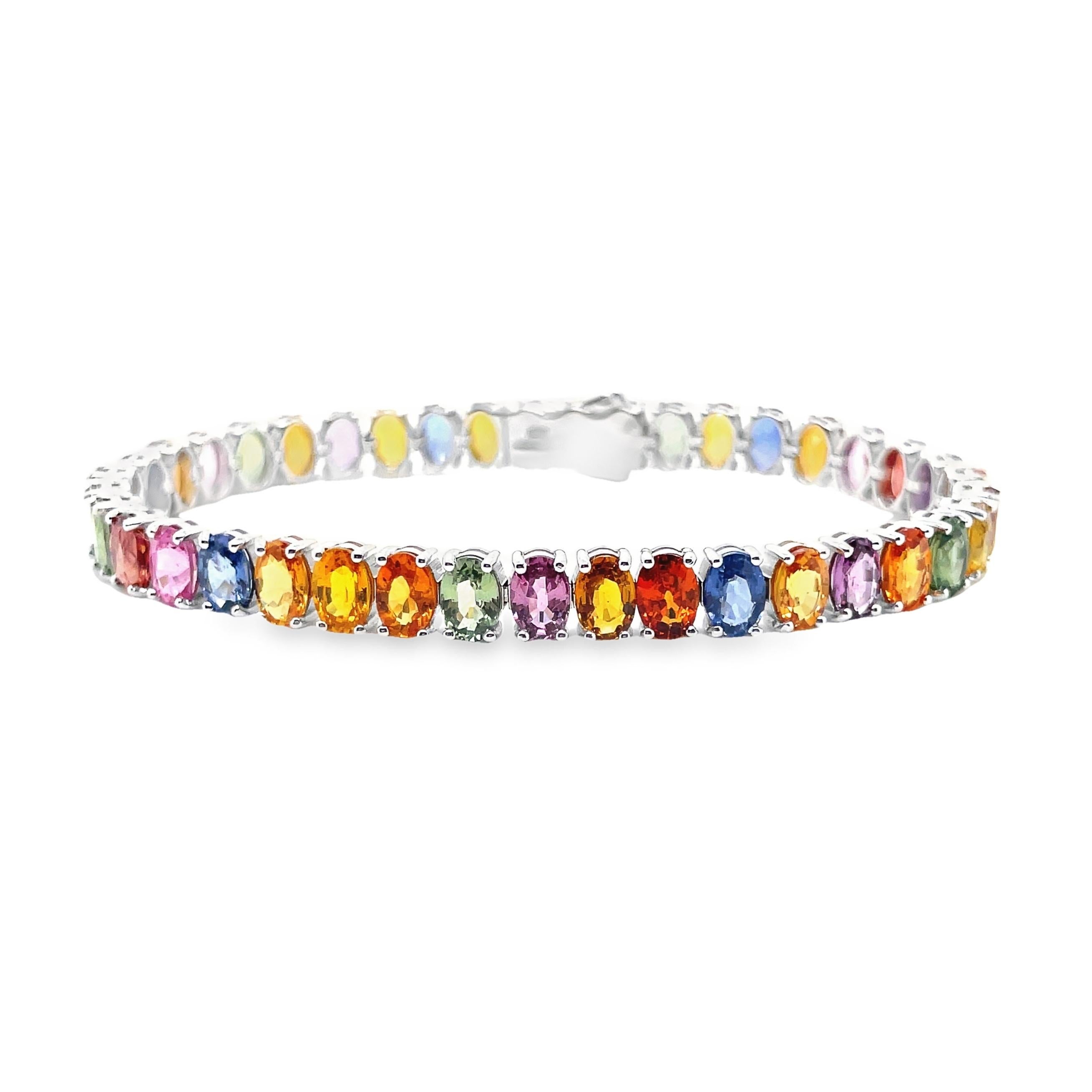 Oval Cut IGI Certified 22.16ct Natural Multi-Color Sapphires 14K White Gold Bracelet  For Sale
