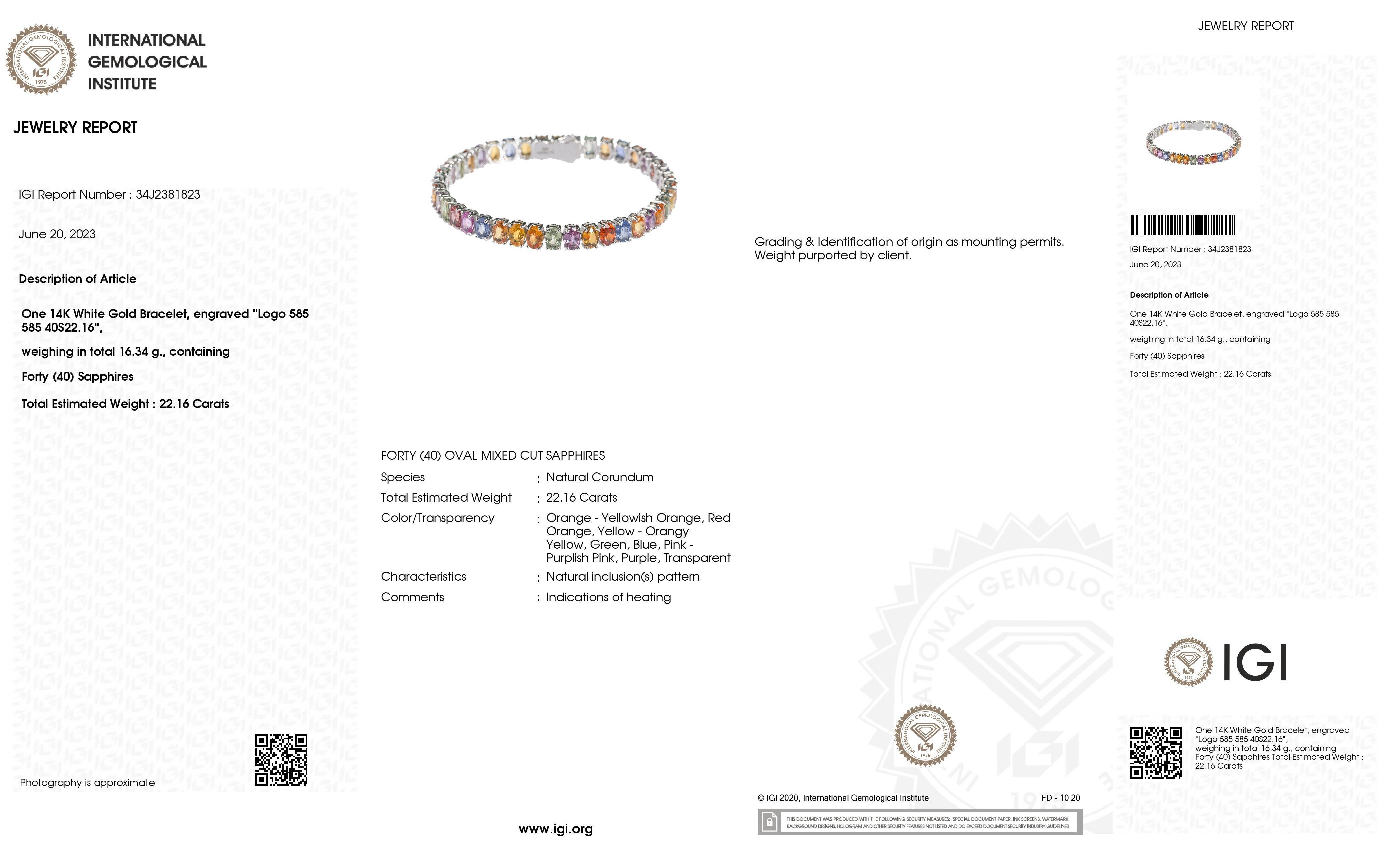 IGI Certified 22.16ct Natural Multi-Color Sapphires 14K White Gold Bracelet  For Sale 2