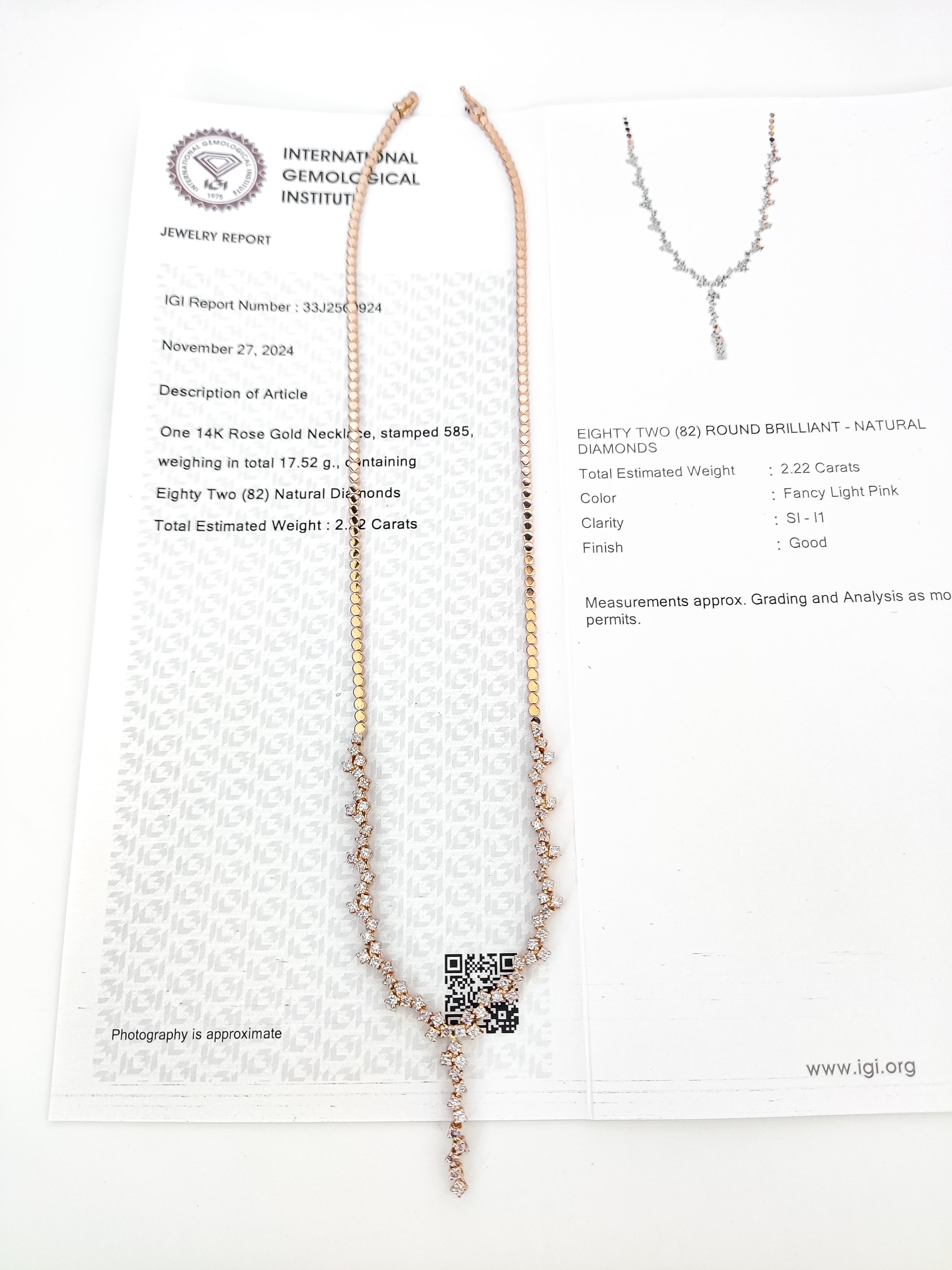 IGI Certified 2.22 Natural Pink Diamond Necklace 14K Rose Gold For Sale 2