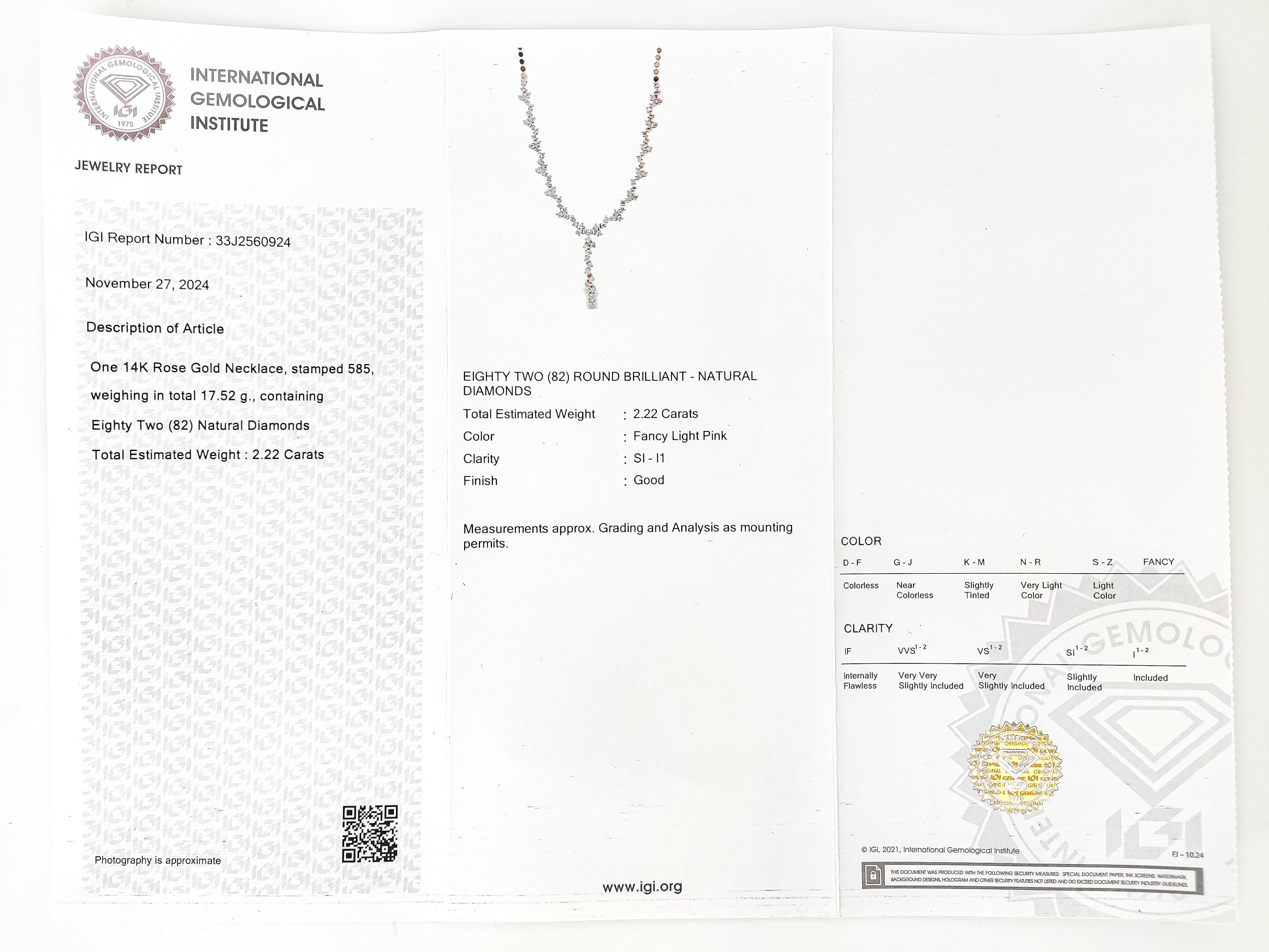 IGI Certified 2.22 Natural Pink Diamond Necklace 14K Rose Gold For Sale 3