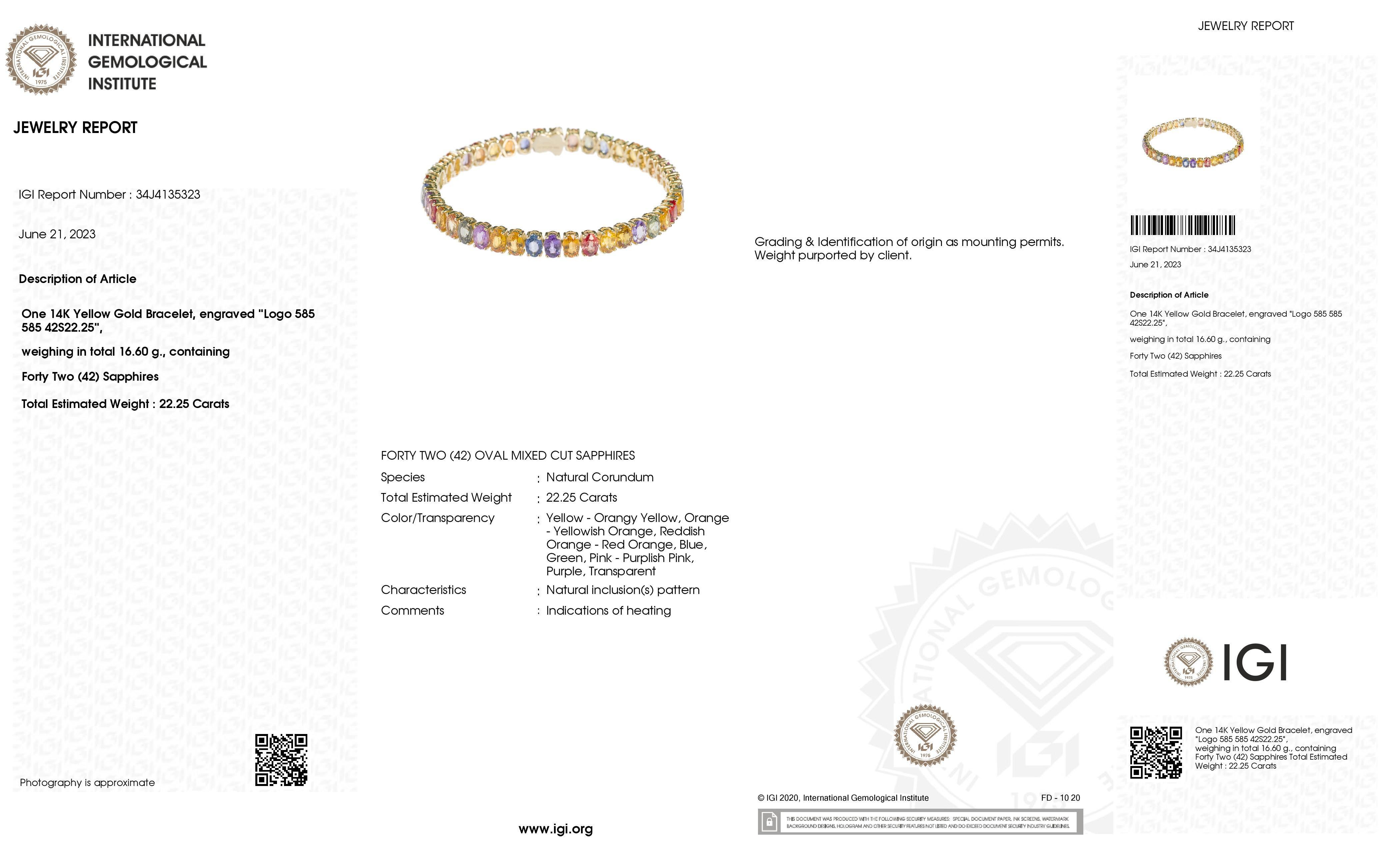IGI-zertifizierte 22,25 Karat natürliche mehrfarbige Saphire in Gelbgold-Armband gefasst im Zustand „Neu“ im Angebot in Hong Kong, HK