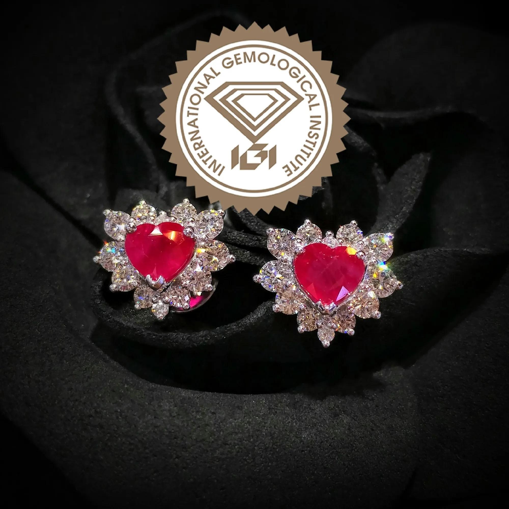 Heart Cut IGI Certified 2.23 Carat Ruby & 1.30 Carat Diamond Earrings in 18K White Gold For Sale