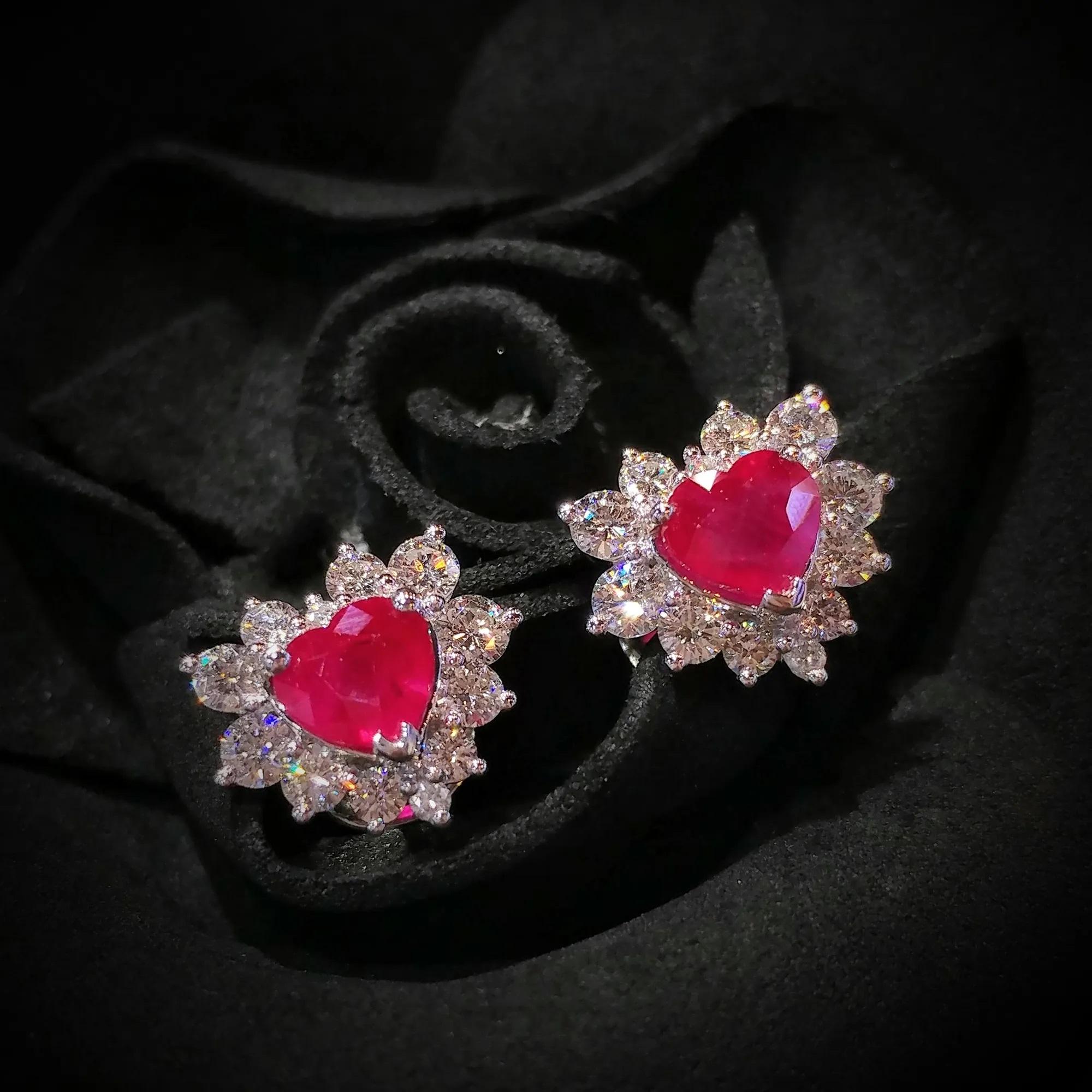 Women's or Men's IGI Certified 2.23 Carat Ruby & 1.30 Carat Diamond Earrings in 18K White Gold For Sale