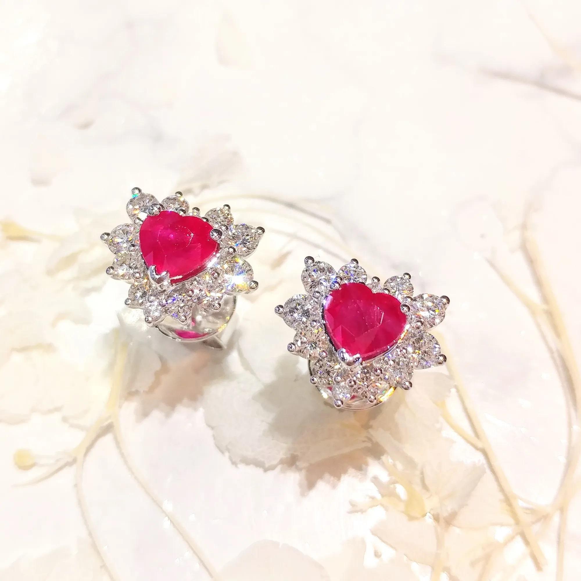 IGI Certified 2.23 Carat Ruby & 1.30 Carat Diamond Earrings in 18K White Gold For Sale 1
