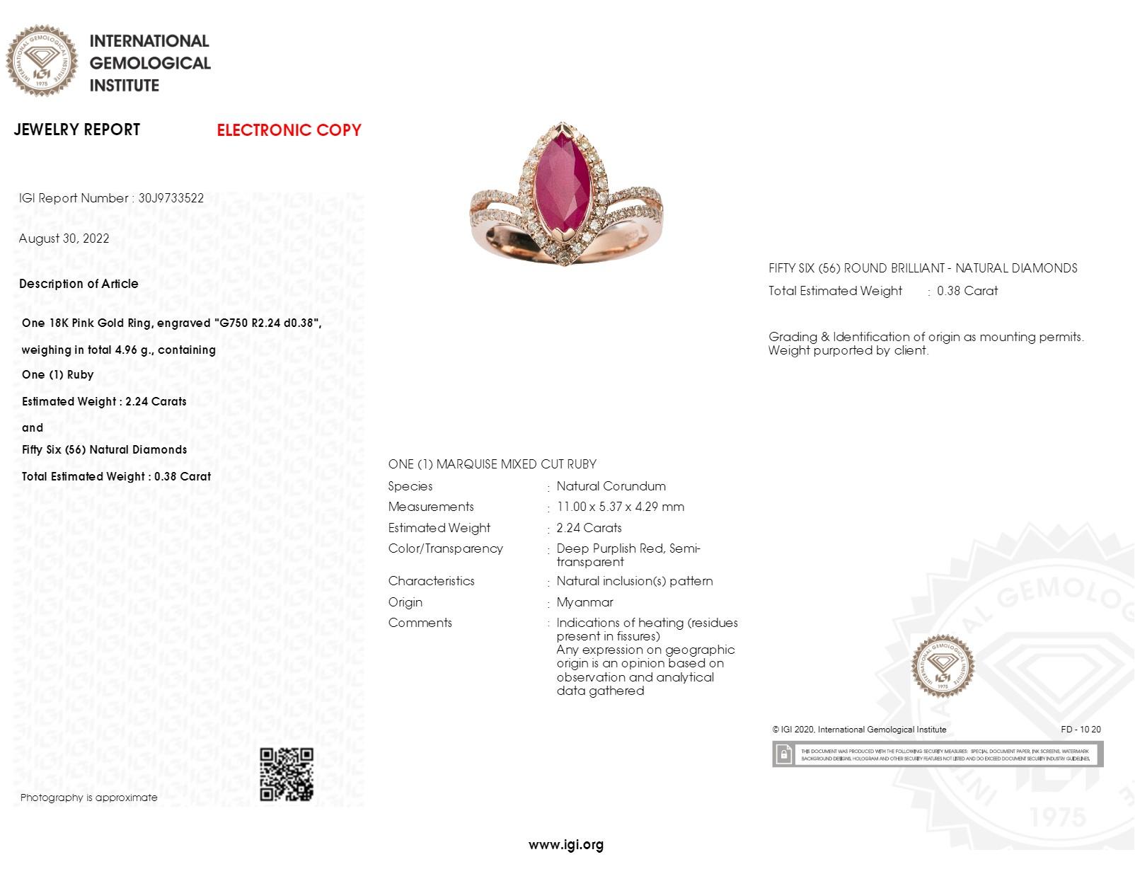 IGI-zertifizierter Ring aus 18 Karat Roségold mit 2,24 Karat Burma-Rubin und Diamant im Angebot 6