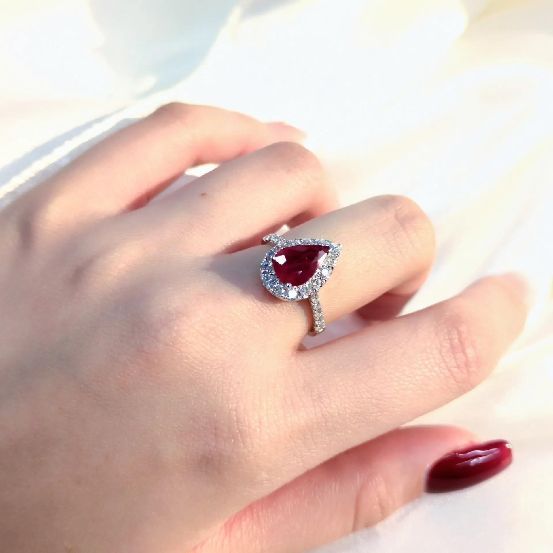 Pear Cut IGI Certified 2.24 Carat Burma Ruby & Diamond Ring in 18K White Gold For Sale