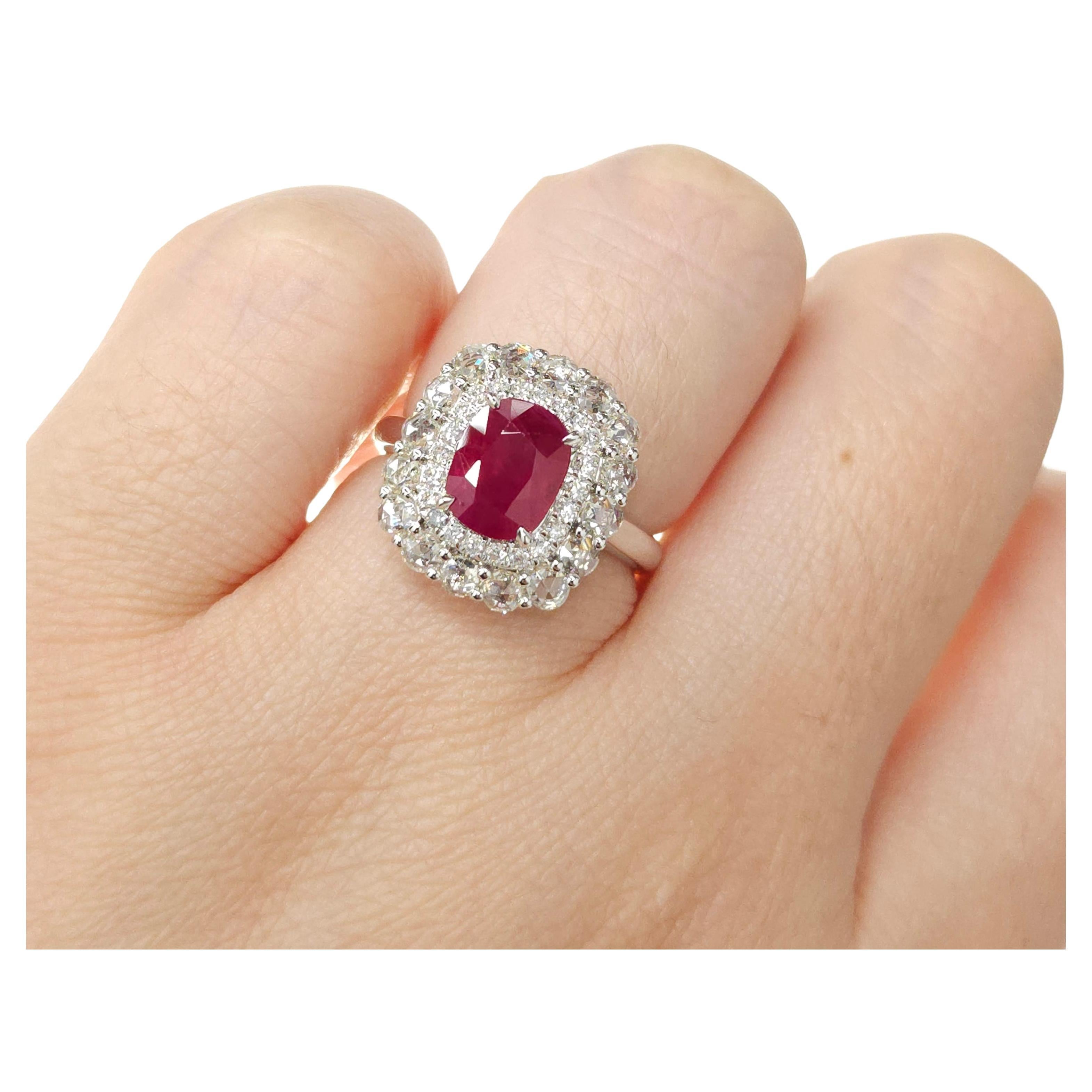 Cushion Cut IGI Certified 2.26 Carat  Burma Ruby & Diamond Ring in 18K White Gold For Sale
