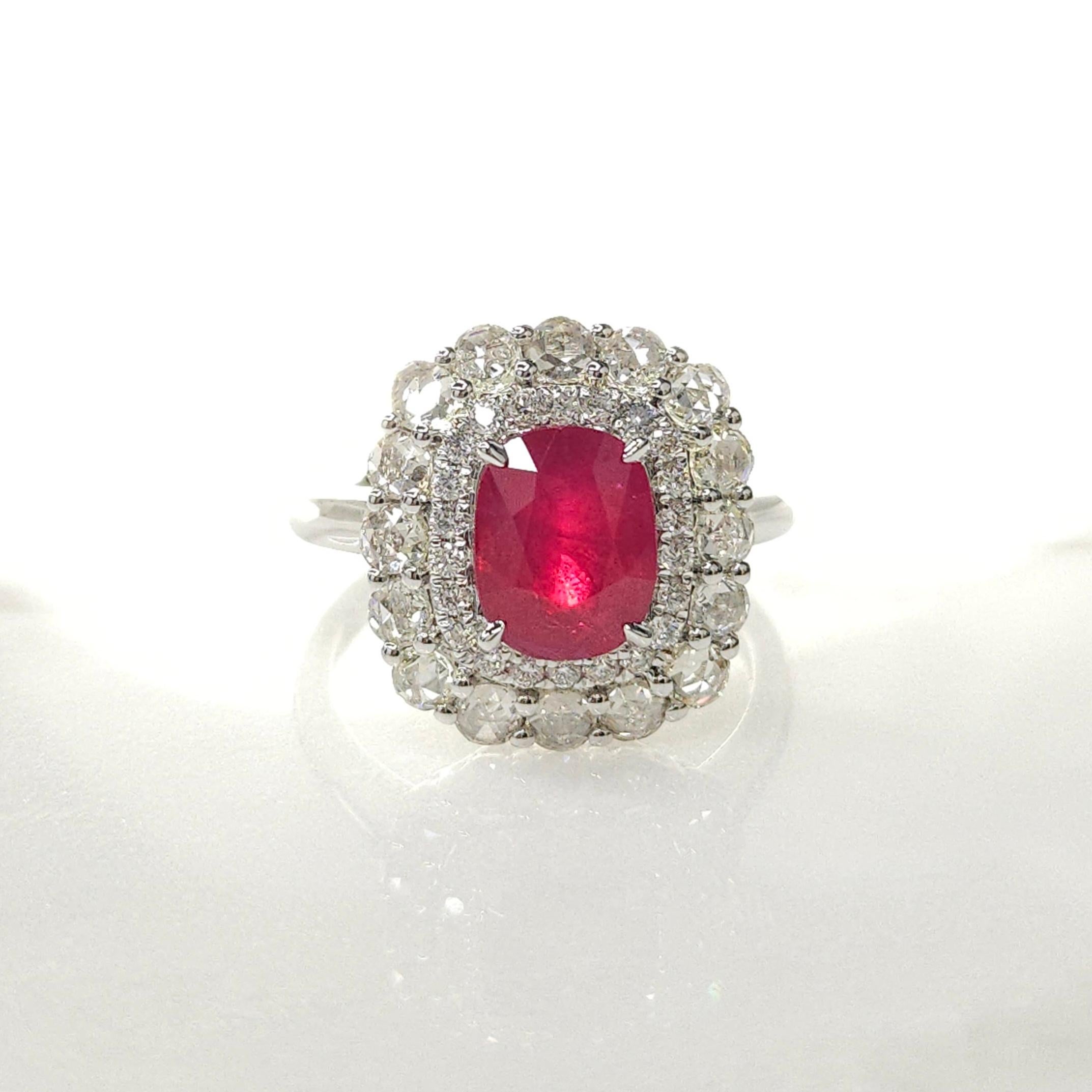 Women's IGI Certified 2.26 Carat  Burma Ruby & Diamond Ring in 18K White Gold For Sale