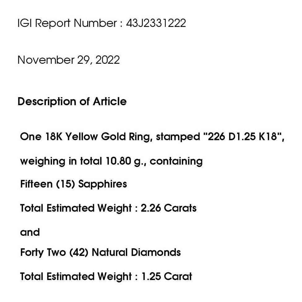 Bague en or jaune 18 carats certifiée IGI, saphirs naturels de 2,26 carats et diamants de 1,25 carat en vente 3