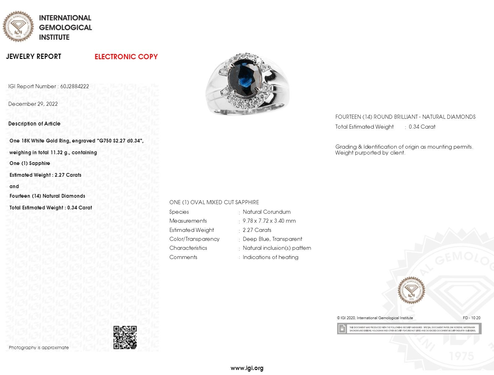 IGI Certified 2.27 Carat Blue Sapphire & Diamond Men Ring in 18K WhiteGold For Sale 2