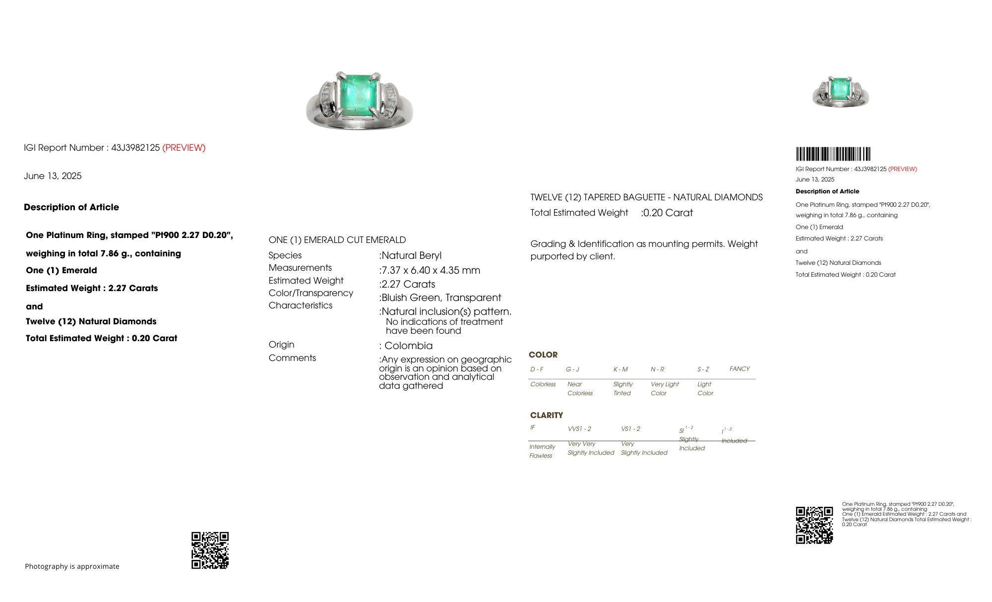 Anello con smeraldo colombiano certificato IGI da 2,27 carati con diamanti Nature e Pt900 in vendita 7